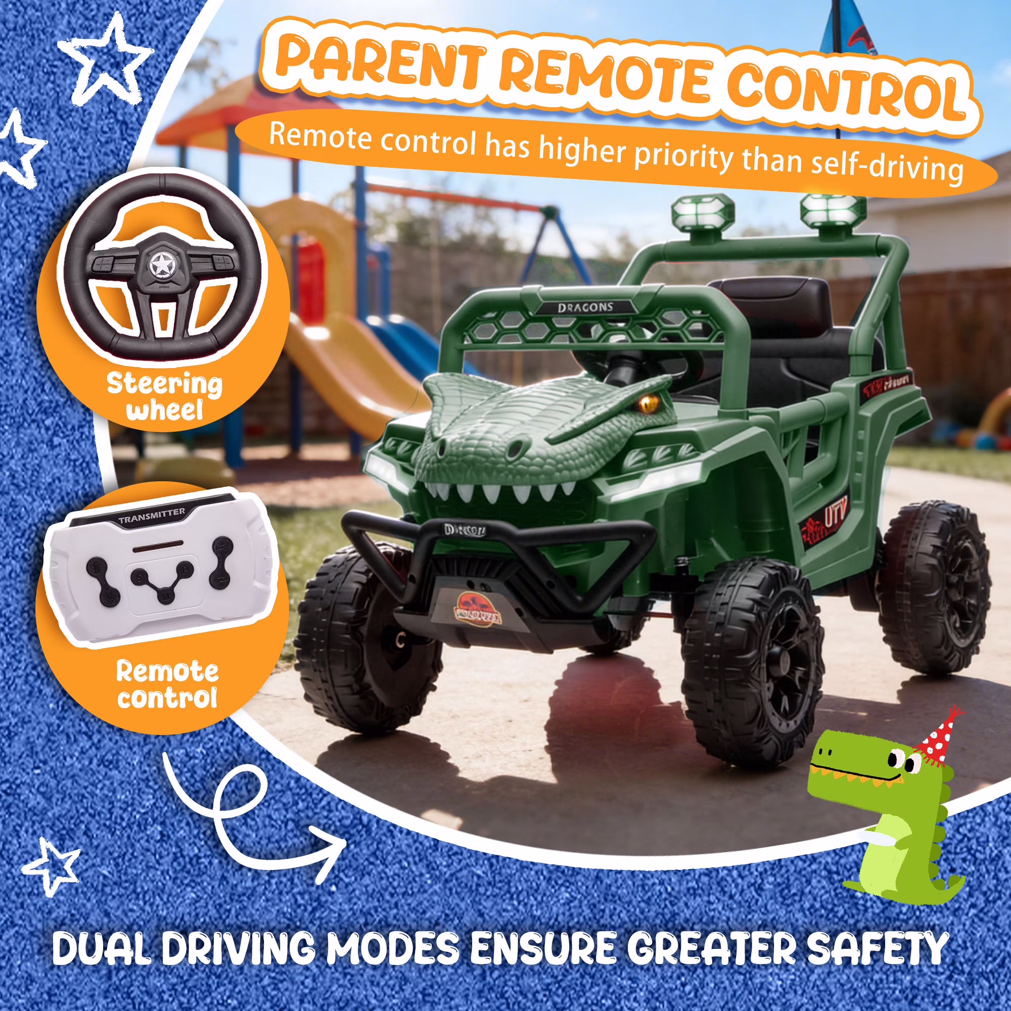12V Dinosaur Ride on Car for Toddlers Ages 2-4, Kids Electric Ride on Toy with Remote Control, 2.49-3.11 MPH, Dual 35W Motors, Bluetooth, USB, LED, 4 Wheel Suspension Electric Cars for Kids, Green - Image 3