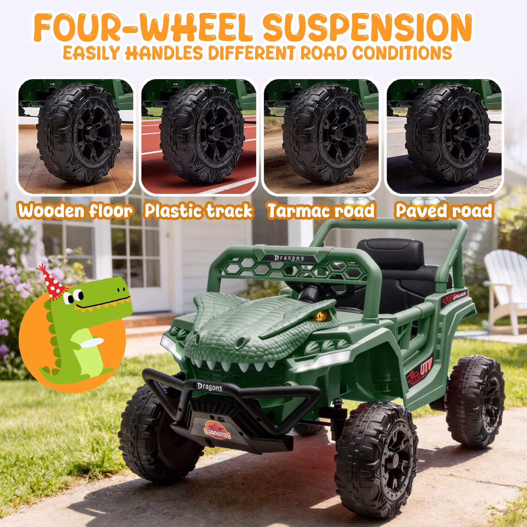 12V Dinosaur Ride on Car for Toddlers Ages 2-4, Kids Electric Ride on Toy with Remote Control, 2.49-3.11 MPH, Dual 35W Motors, Bluetooth, USB, LED, 4 Wheel Suspension Electric Cars for Kids, Green - Image 2