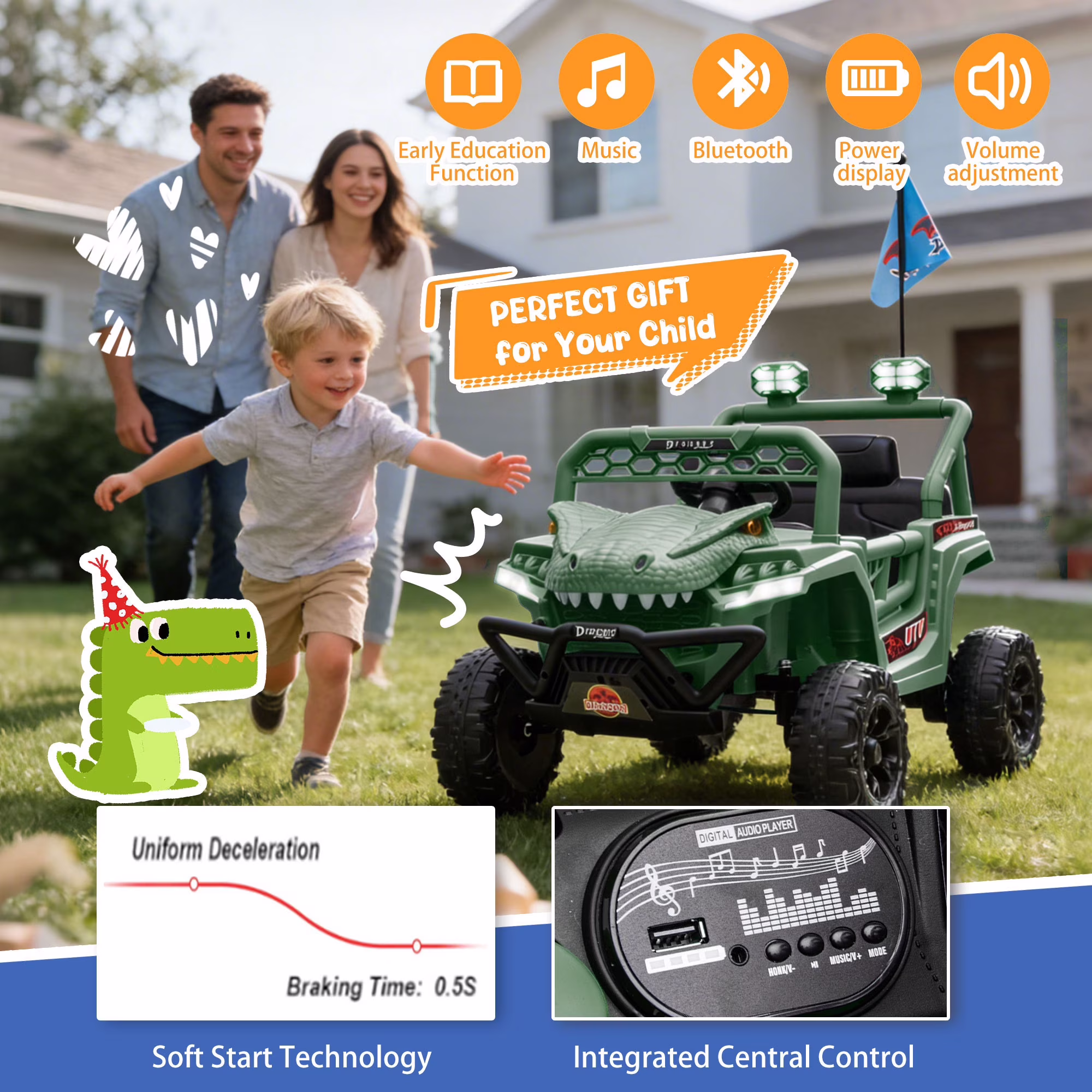12V Dinosaur Ride on Car for Toddlers Ages 2-4, Kids Electric Ride on Toy with Remote Control, 2.49-3.11 MPH, Dual 35W Motors, Bluetooth, USB, LED, 4 Wheel Suspension Electric Cars for Kids, Green - Image 5
