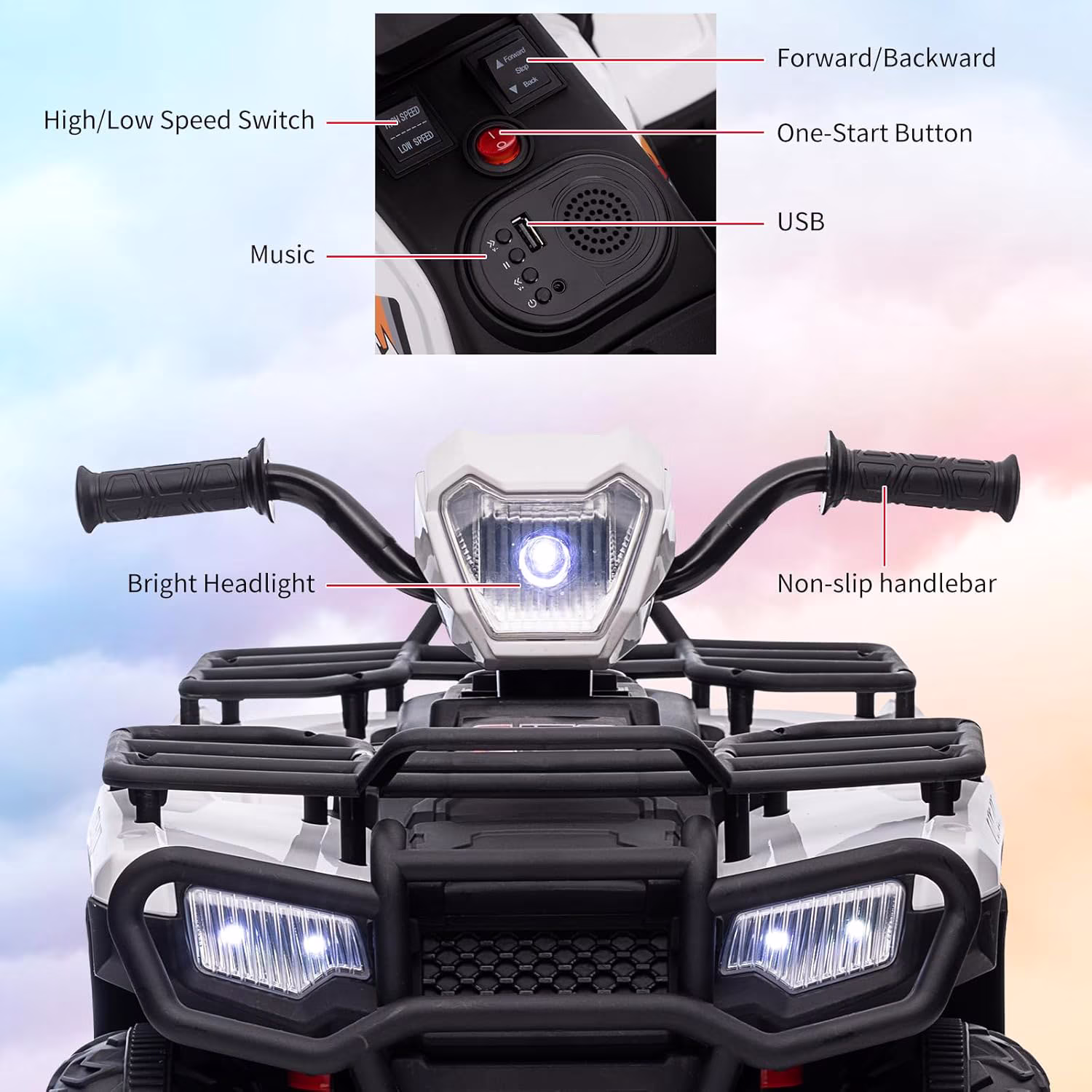 12V Electric ATV Ride-On, Dual Speed, LED Lights, Music, USB, 30W Motor, Rechargeable Battery, for Ages 3-6, 55 lbs Capacity,White - Image 4