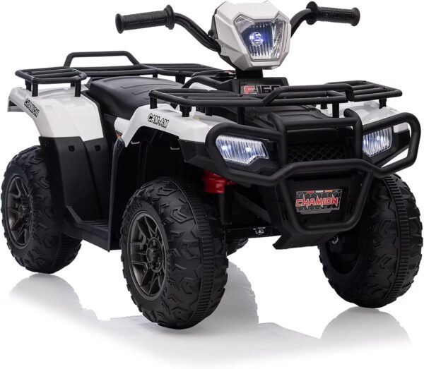 12V Electric ATV Ride-On, Dual Speed, LED Lights, Music, USB, 30W Motor, Rechargeable Battery, for Ages 3-6, 55 lbs Capacity,White
