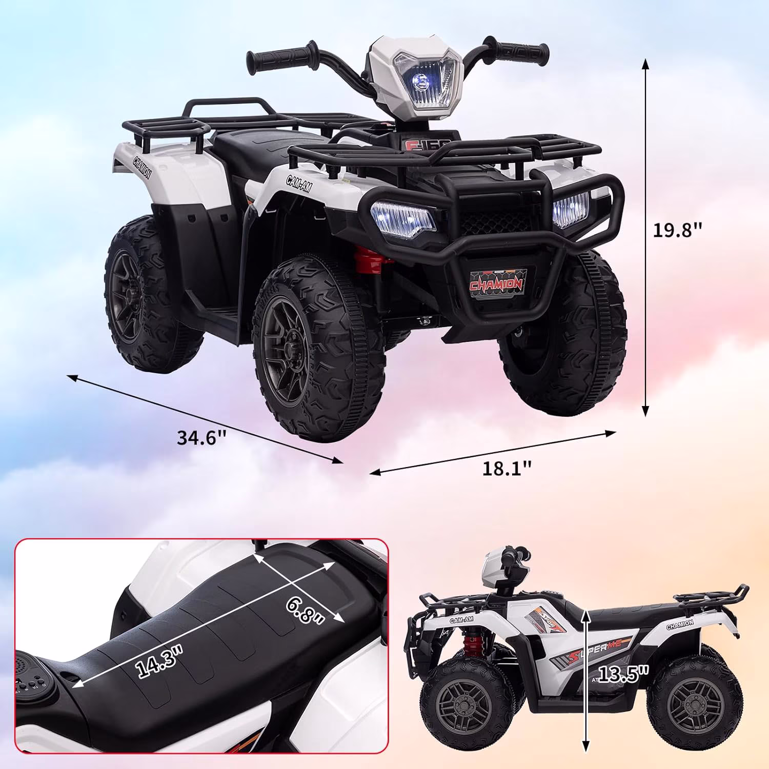 12V Electric ATV Ride-On, Dual Speed, LED Lights, Music, USB, 30W Motor, Rechargeable Battery, for Ages 3-6, 55 lbs Capacity,White - Image 2
