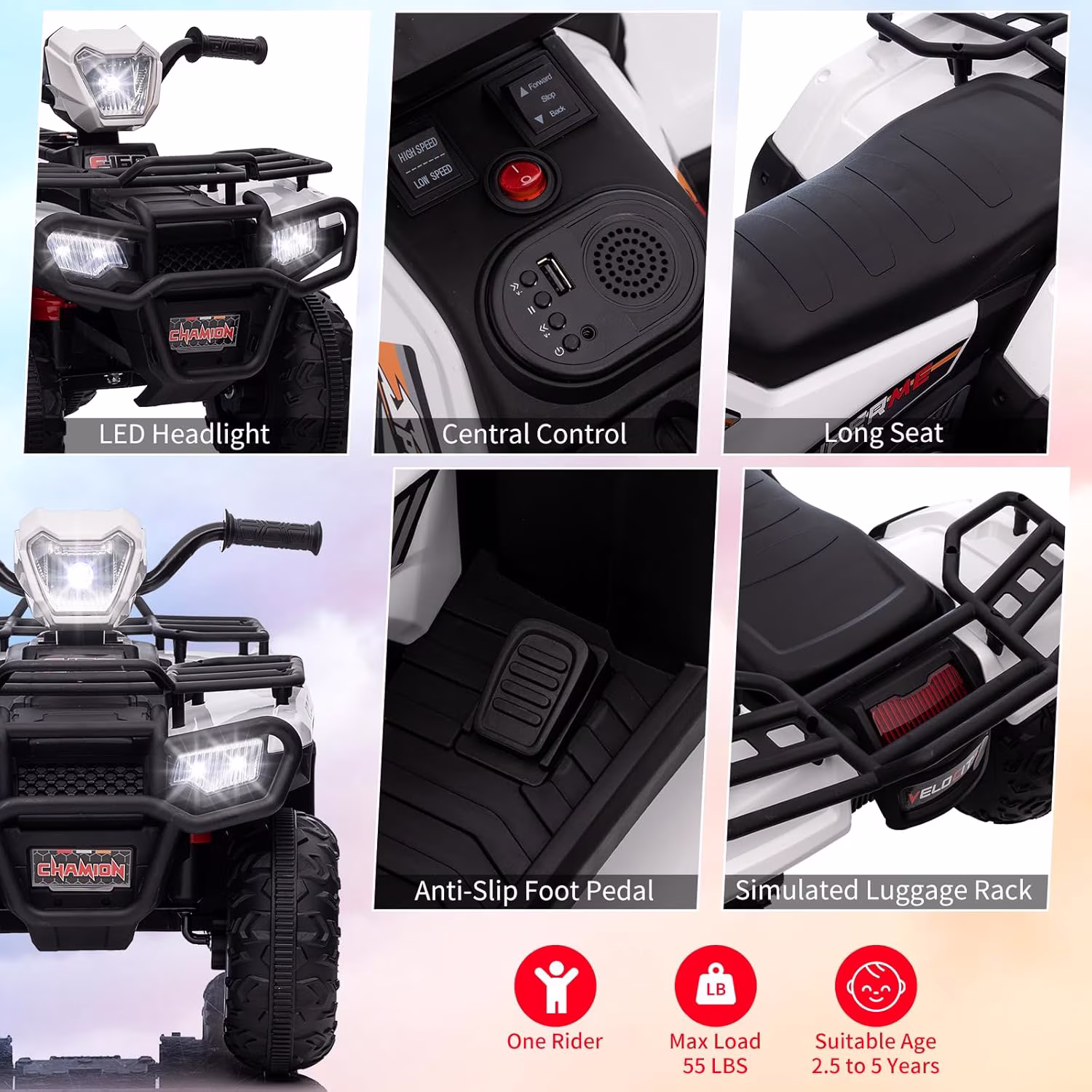 12V Electric ATV Ride-On, Dual Speed, LED Lights, Music, USB, 30W Motor, Rechargeable Battery, for Ages 3-6, 55 lbs Capacity,White - Image 3