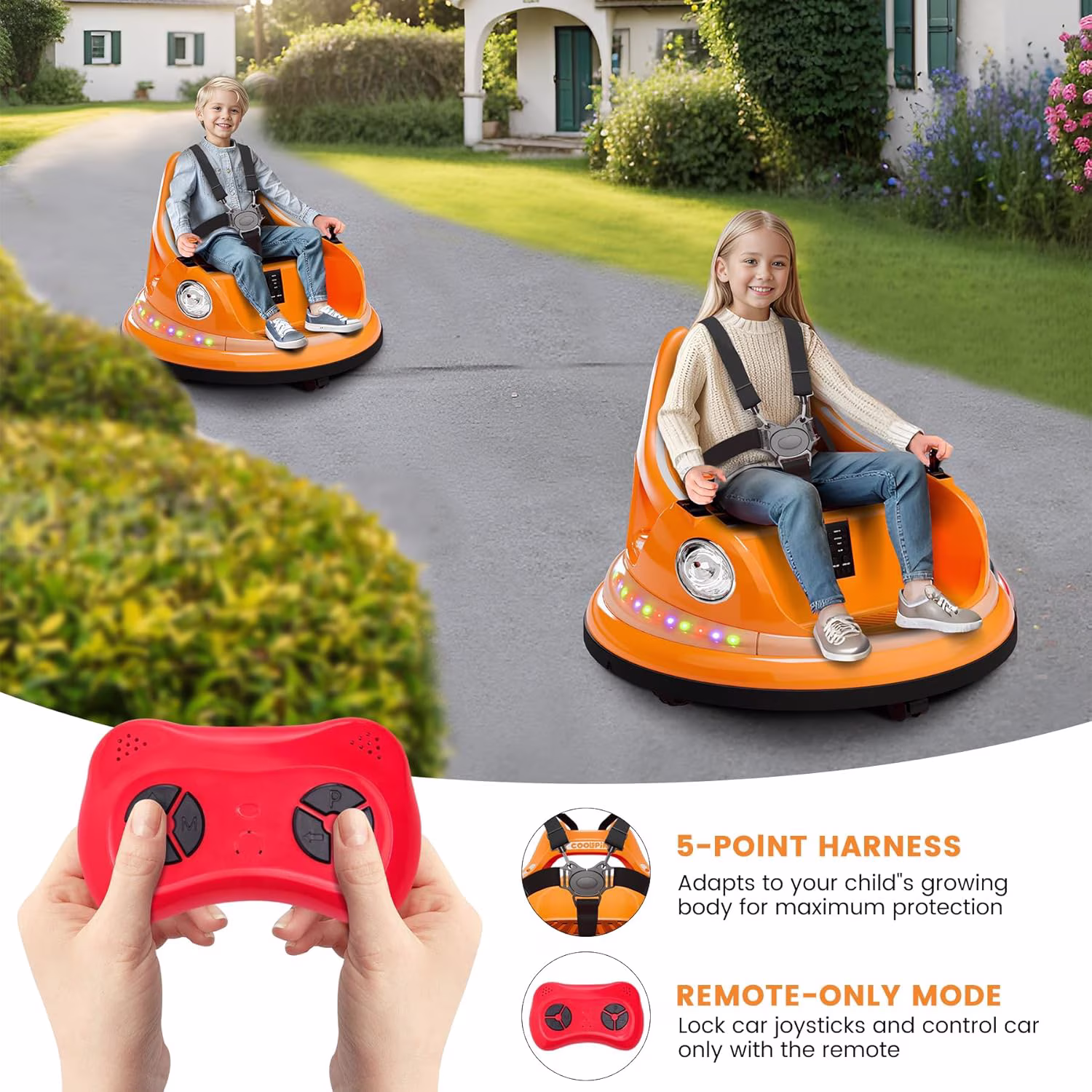 12V Electric Bumper Car Ride-On with Remote Control, 360° Spin, LED Lights, Wireless Music, 5-Point Harness, Anti-Collision Padding, 2-Speed, Battery Powered Vehicle,Orange - Image 2
