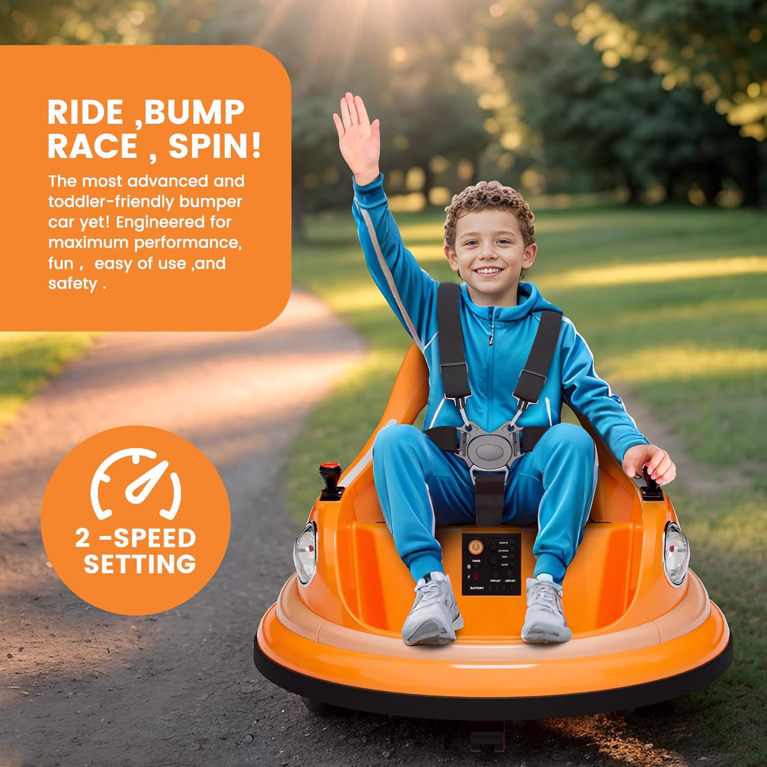 12V Electric Bumper Car Ride-On with Remote Control, 360° Spin, LED Lights, Wireless Music, 5-Point Harness, Anti-Collision Padding, 2-Speed, Battery Powered Vehicle,Orange - Image 5