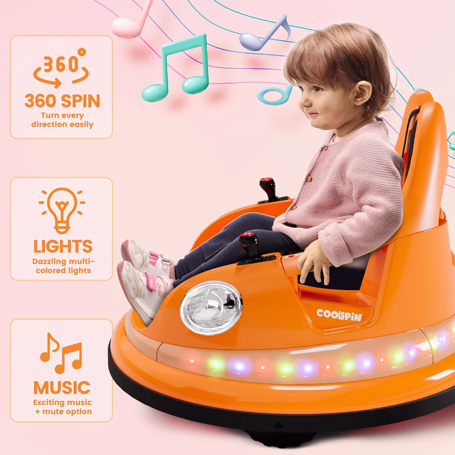 12V Electric Bumper Car Ride-On with Remote Control, 360° Spin, LED Lights, Wireless Music, 5-Point Harness, Anti-Collision Padding, 2-Speed, Battery Powered Vehicle,Orange - Image 4