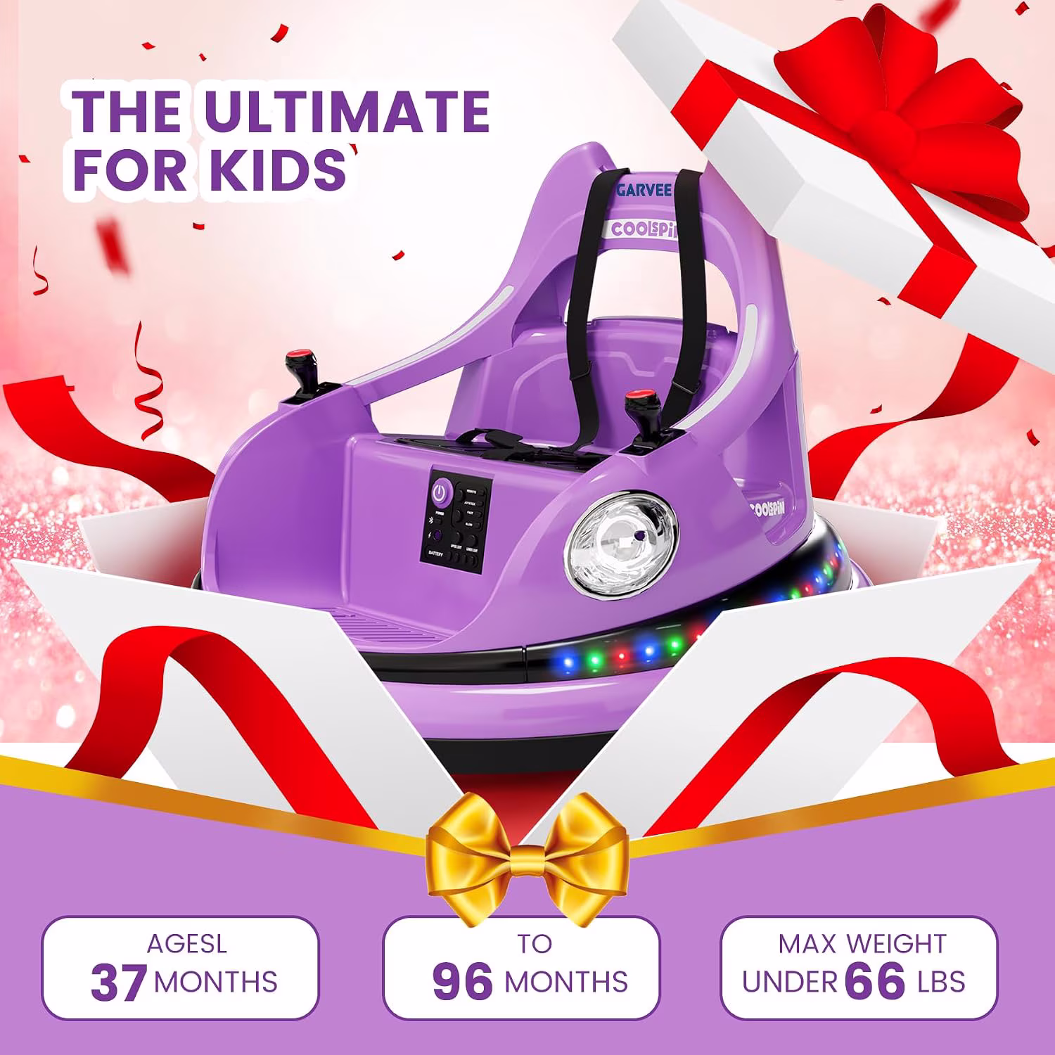 12V Electric Bumper Car Ride-On with Remote Control, 360° Spin, LED Lights, Wireless Music, 5-Point Harness, Anti-Collision Padding, 2-Speed, Battery Powered Vehicle,Purple - Image 5