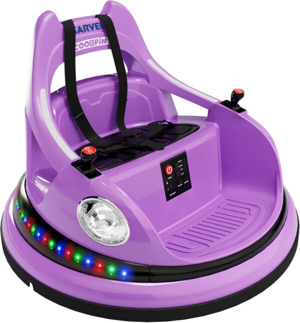 12V Electric Bumper Car Ride-On with Remote Control, 360° Spin, LED Lights, Wireless Music, 5-Point Harness, Anti-Collision Padding, 2-Speed, Battery Powered Vehicle,Purple