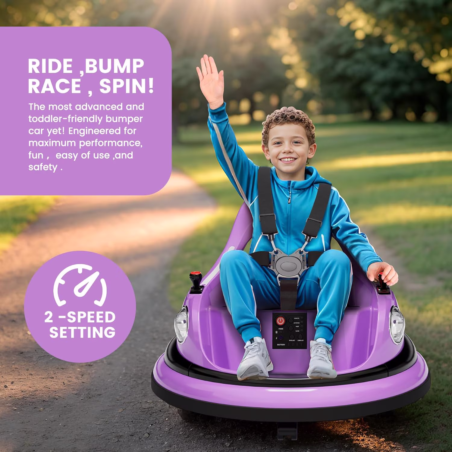 12V Electric Bumper Car Ride-On with Remote Control, 360° Spin, LED Lights, Wireless Music, 5-Point Harness, Anti-Collision Padding, 2-Speed, Battery Powered Vehicle,Purple - Image 4