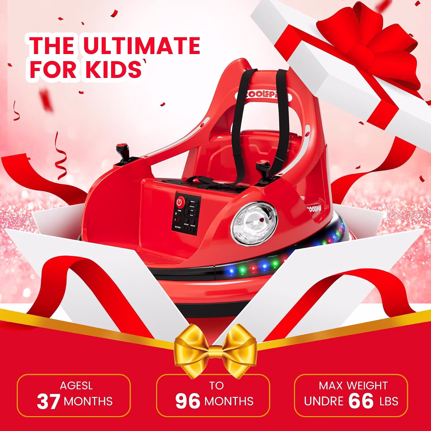 12V Electric Bumper Car Ride-On with Remote Control, 360° Spin, LED Lights, Wireless Music, 5-Point Harness, Anti-Collision Padding, 2-Speed, Battery Powered Vehicle,Red - Image 4