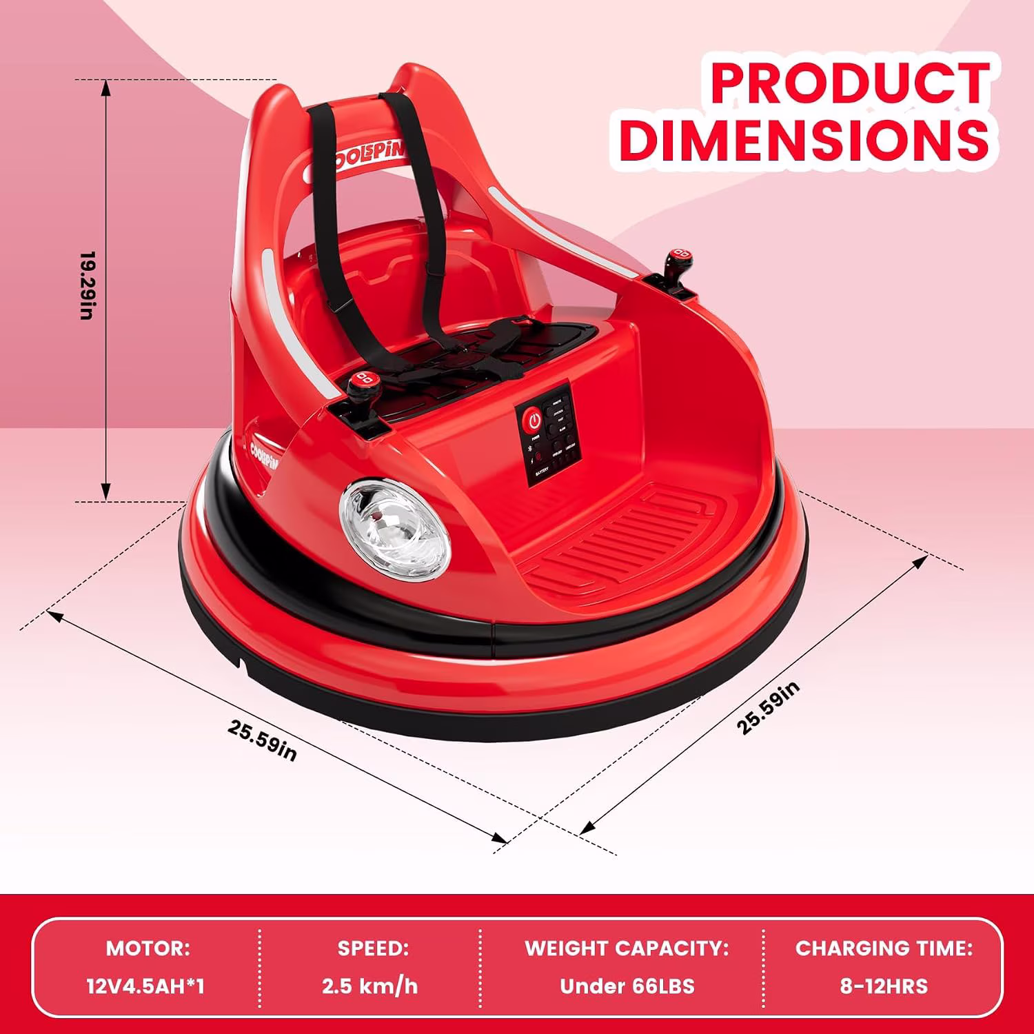 12V Electric Bumper Car Ride-On with Remote Control, 360° Spin, LED Lights, Wireless Music, 5-Point Harness, Anti-Collision Padding, 2-Speed, Battery Powered Vehicle,Red - Image 3