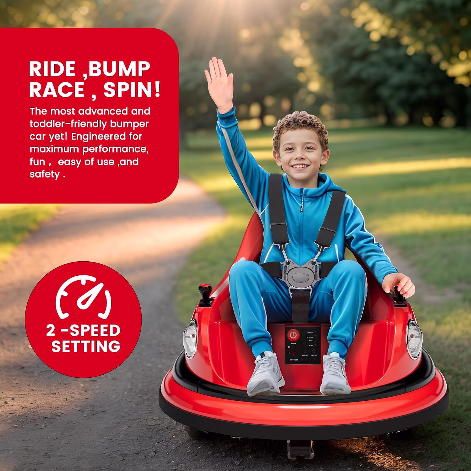 12V Electric Bumper Car Ride-On with Remote Control, 360° Spin, LED Lights, Wireless Music, 5-Point Harness, Anti-Collision Padding, 2-Speed, Battery Powered Vehicle,Red - Image 5