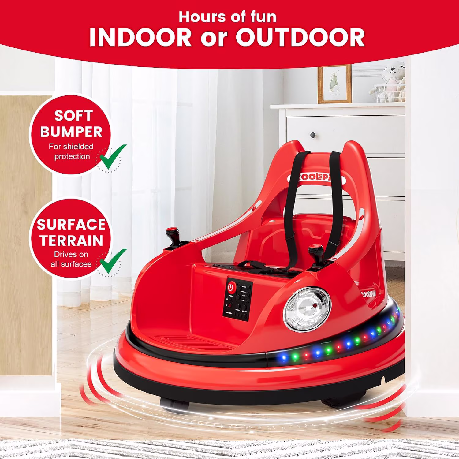 12V Electric Bumper Car Ride-On with Remote Control, 360° Spin, LED Lights, Wireless Music, 5-Point Harness, Anti-Collision Padding, 2-Speed, Battery Powered Vehicle,Red - Image 2