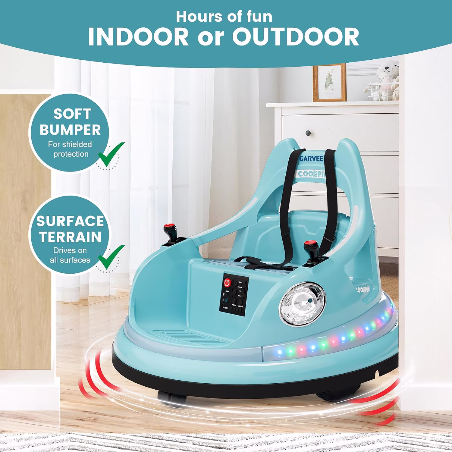 12V Electric Bumper Car Ride-On with Remote Control, 360° Spin, LED Lights, Wireless Music, 5-Point Harness, Anti-Collision Padding, 2-Speed, Battery Powered Vehicle,Sky blue - Image 4