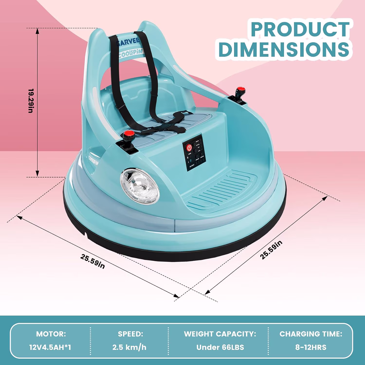 12V Electric Bumper Car Ride-On with Remote Control, 360° Spin, LED Lights, Wireless Music, 5-Point Harness, Anti-Collision Padding, 2-Speed, Battery Powered Vehicle,Sky blue - Image 3