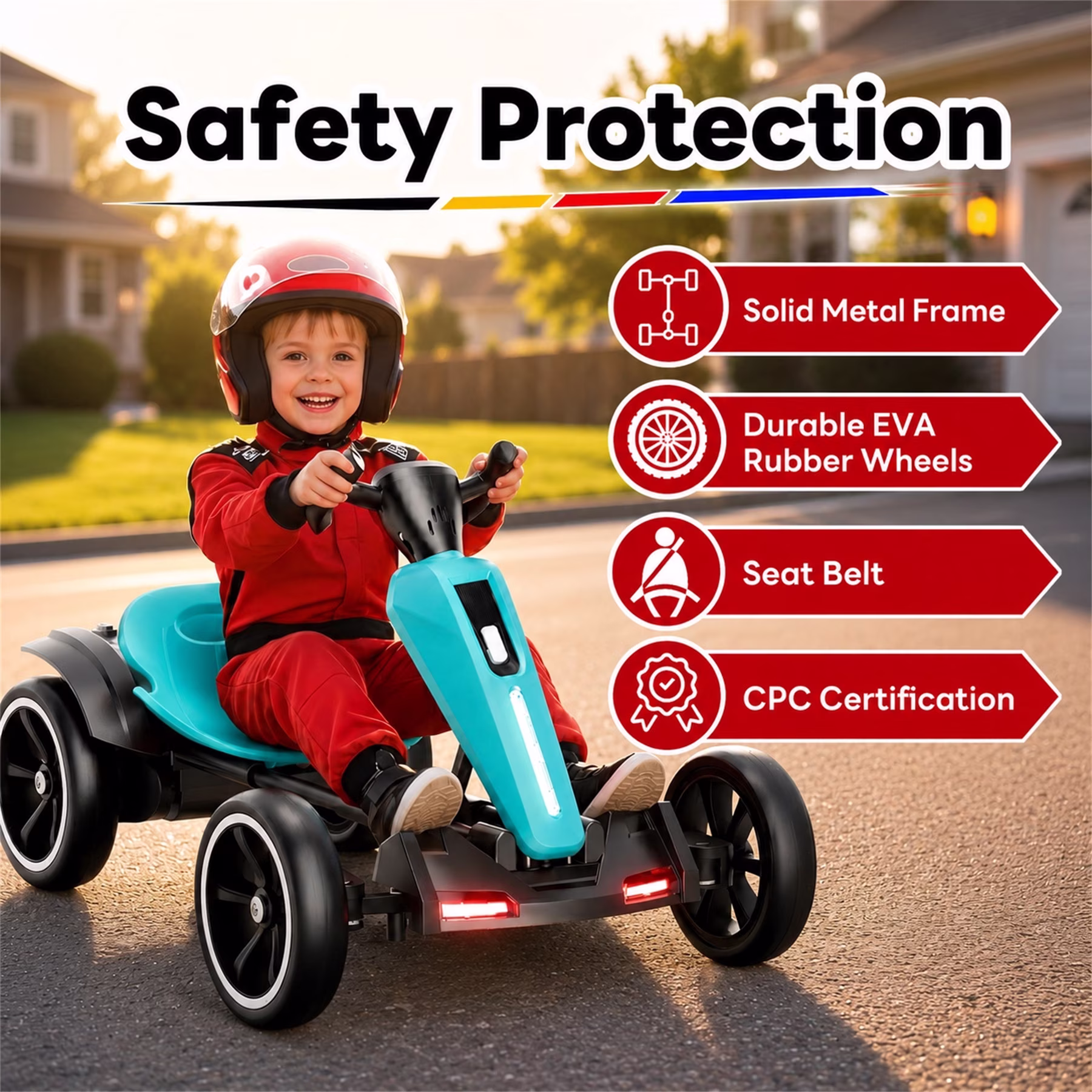 12V Electric Go Kart for Kids Ages 3-6, Foldable Power Ride-On Pedal Toy with Adjustable Seat, Music & Flashing LED Lights, Light Blue - Image 3