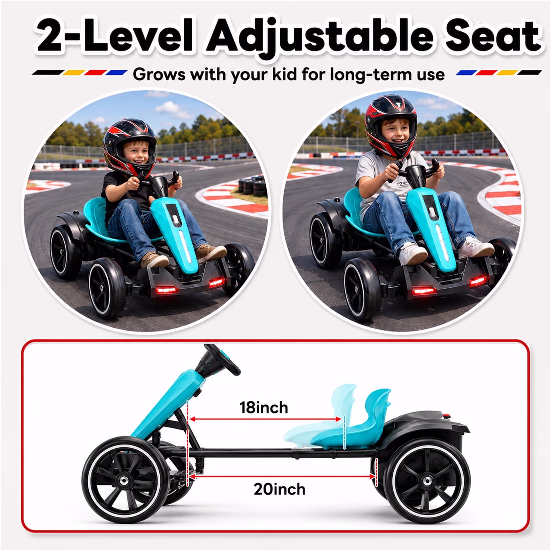 12V Electric Go Kart for Kids Ages 3-6, Foldable Power Ride-On Pedal Toy with Adjustable Seat, Music & Flashing LED Lights, Light Blue - Image 2