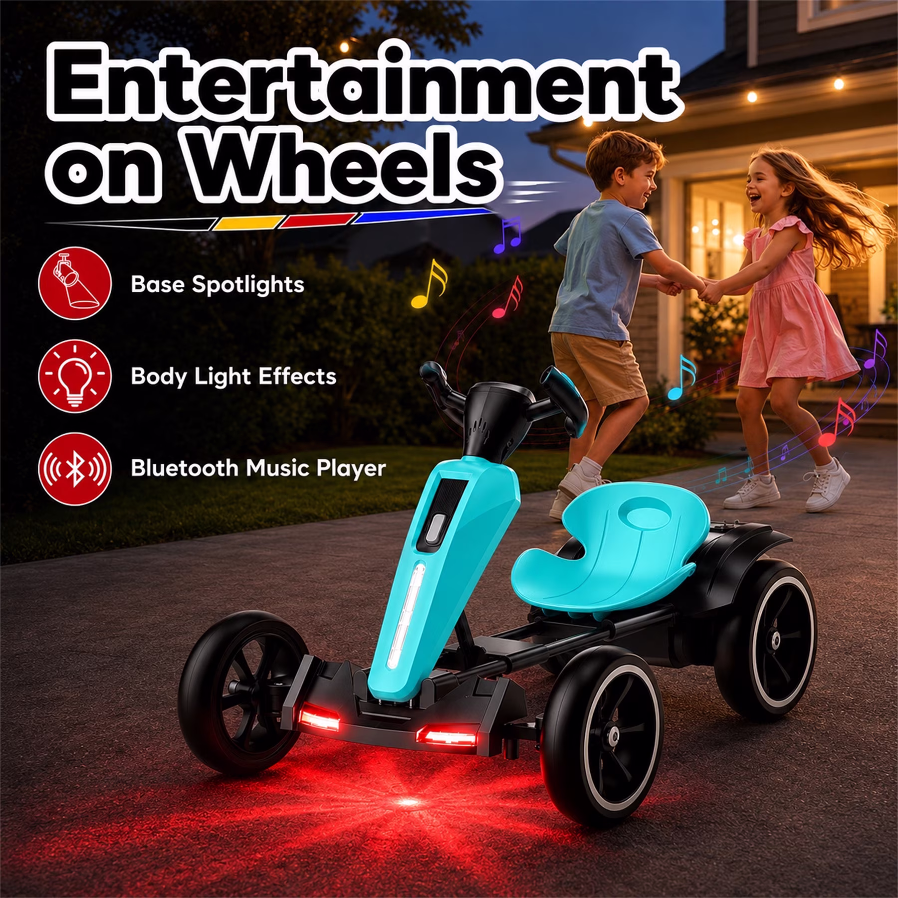 12V Electric Go Kart for Kids Ages 3-6, Foldable Power Ride-On Pedal Toy with Adjustable Seat, Music & Flashing LED Lights, Light Blue - Image 5