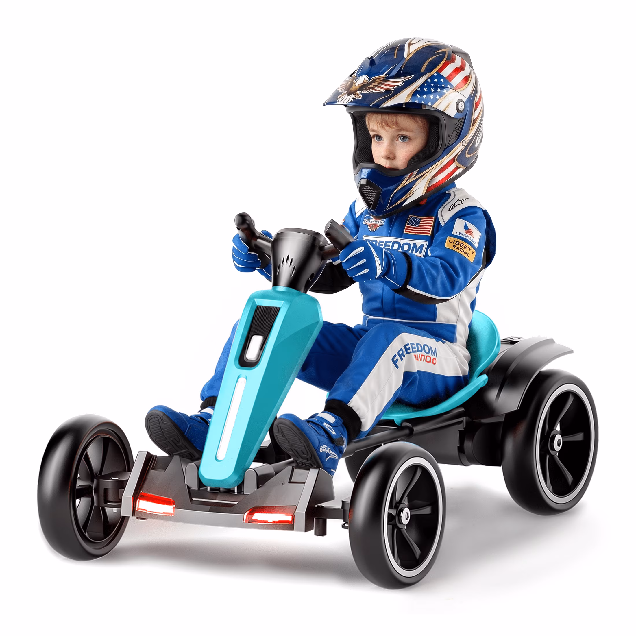 12V Electric Go Kart for Kids Ages 3-6, Foldable Power Ride-On Pedal Toy with Adjustable Seat, Music & Flashing LED Lights, Light Blue