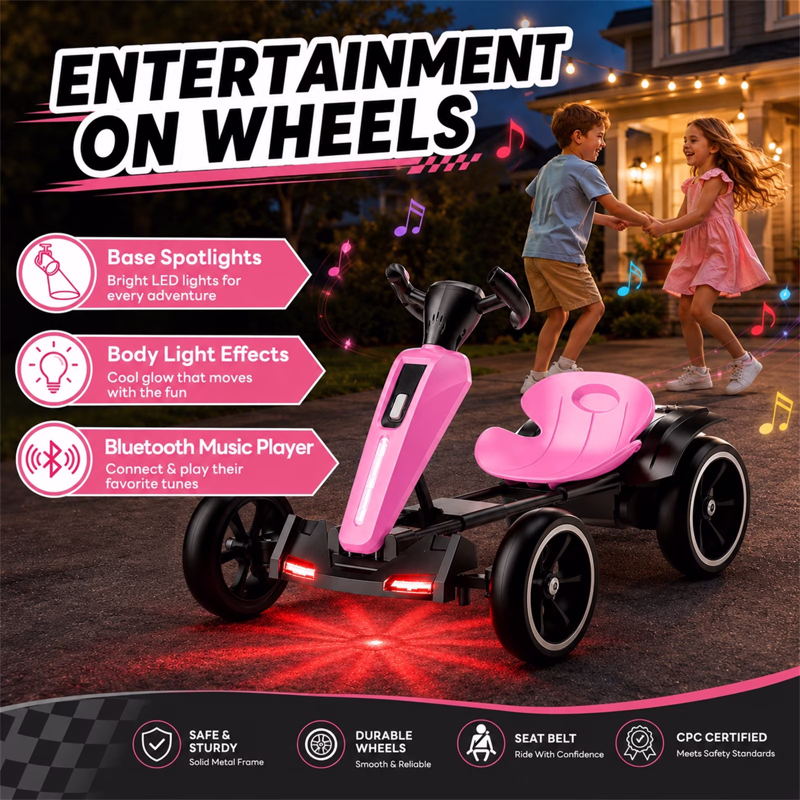 12V Electric Go Kart for Kids Ages 3-6, Foldable Power Ride-On Pedal Toy with Adjustable Seat, Music & Flashing LED Lights, Pink - Image 4