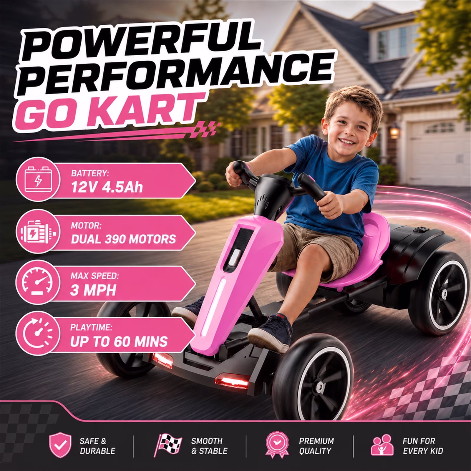12V Electric Go Kart for Kids Ages 3-6, Foldable Power Ride-On Pedal Toy with Adjustable Seat, Music & Flashing LED Lights, Pink - Image 5