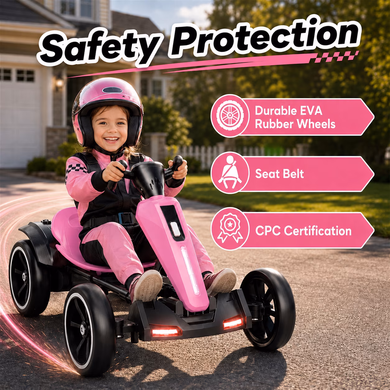 12V Electric Go Kart for Kids Ages 3-6, Foldable Power Ride-On Pedal Toy with Adjustable Seat, Music & Flashing LED Lights, Pink - Image 3