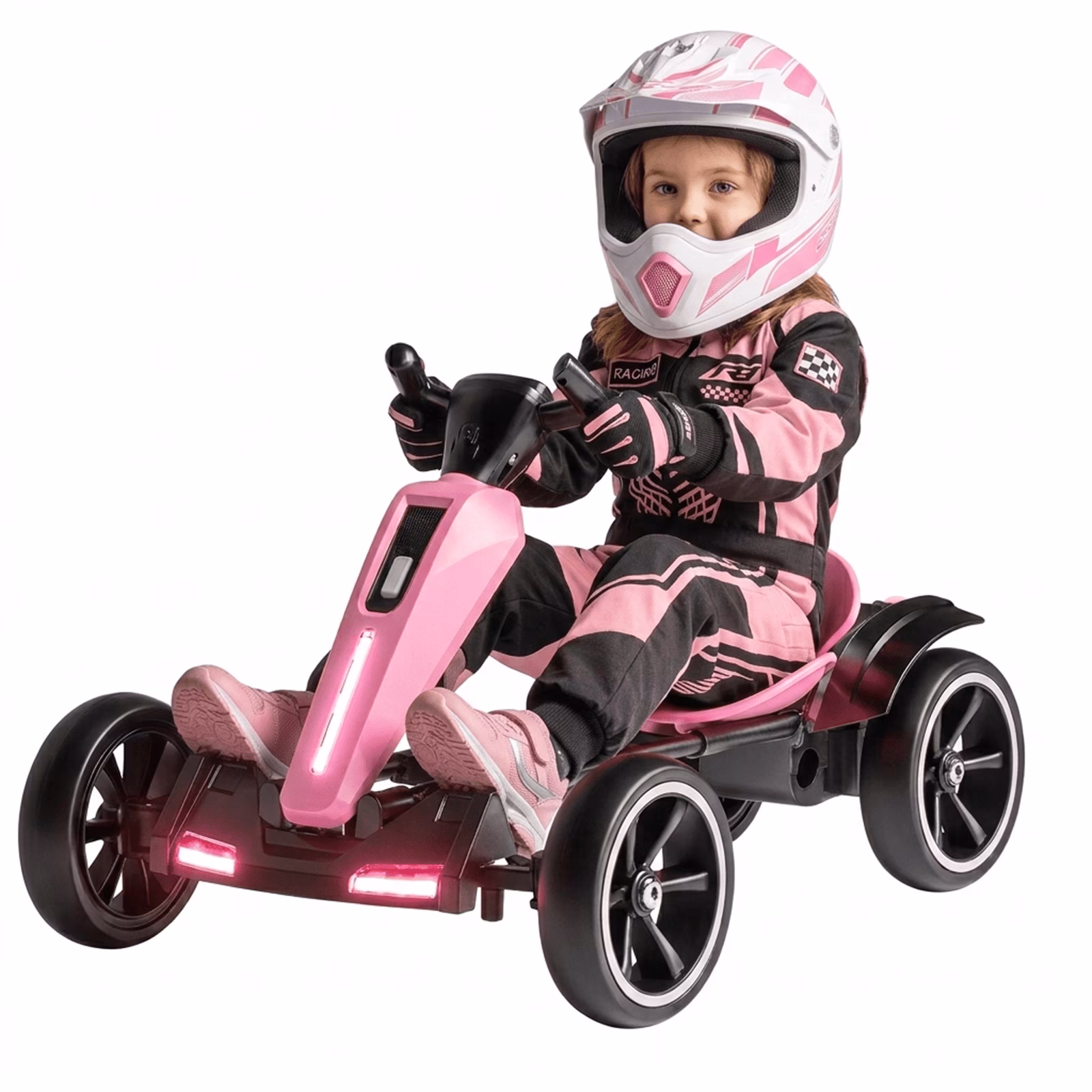 12V Electric Go Kart for Kids Ages 3-6, Foldable Power Ride-On Pedal Toy with Adjustable Seat, Music & Flashing LED Lights, Pink - Image 2