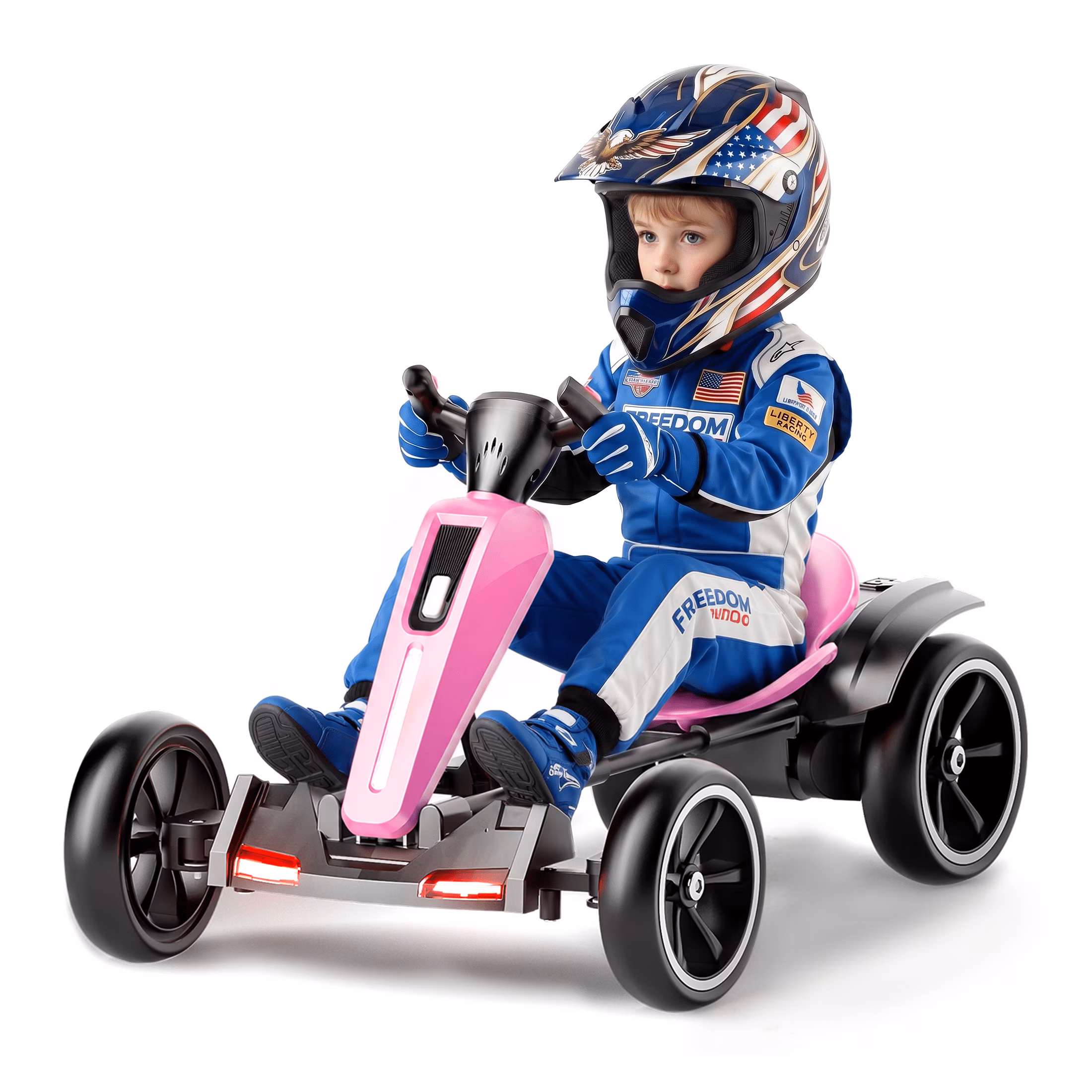 12V Electric Go Kart for Kids Ages 3-6, Foldable Power Ride-On Pedal Toy with Adjustable Seat, Music & Flashing LED Lights, Pink