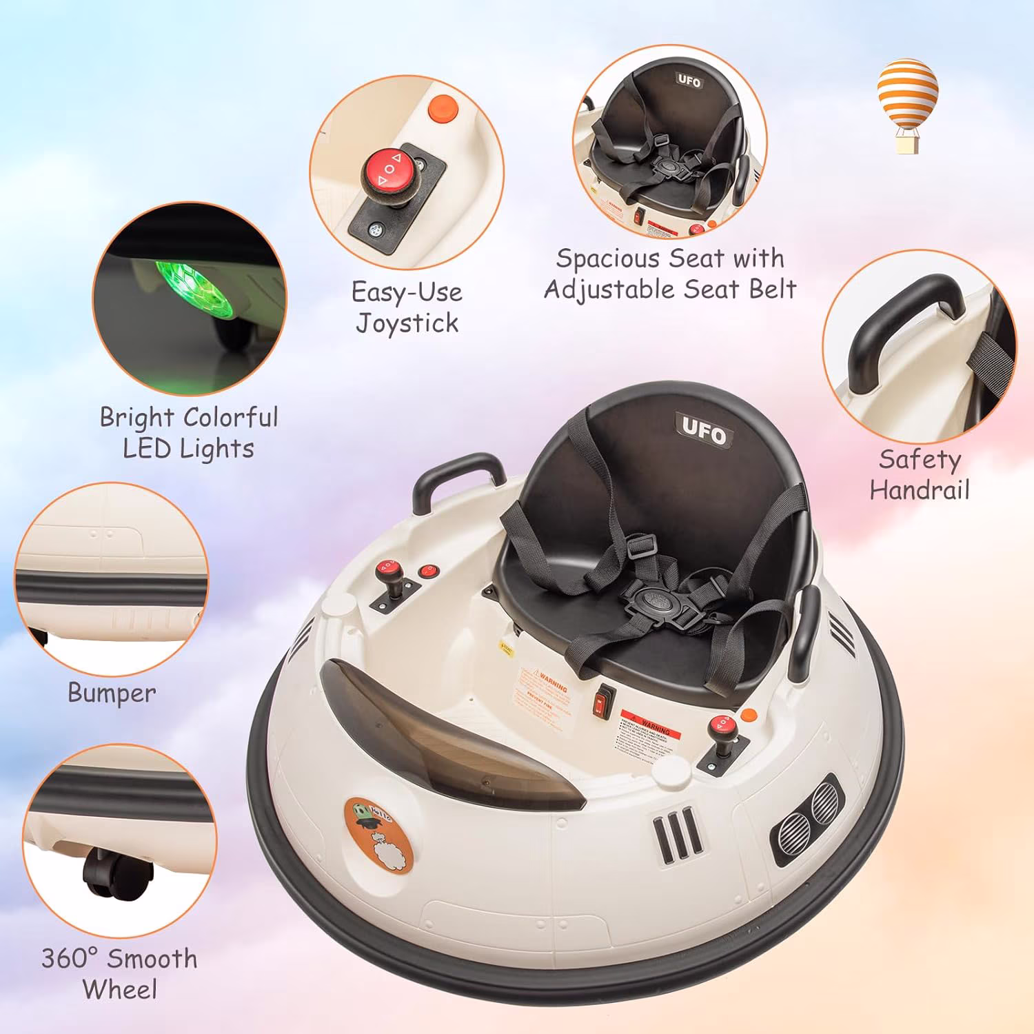 12V Electric Ride-On Bumper Car, 360° Spin, Remote Control, Dual Joysticks, 3 Speeds, LED Lights, Music, Safety Belt, Indoor/Outdoor, for Ages 3-8,White - Image 2