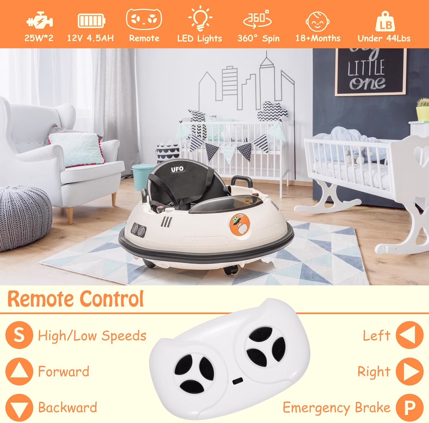 12V Electric Ride-On Bumper Car, 360° Spin, Remote Control, Dual Joysticks, 3 Speeds, LED Lights, Music, Safety Belt, Indoor/Outdoor, for Ages 3-8,White - Image 4