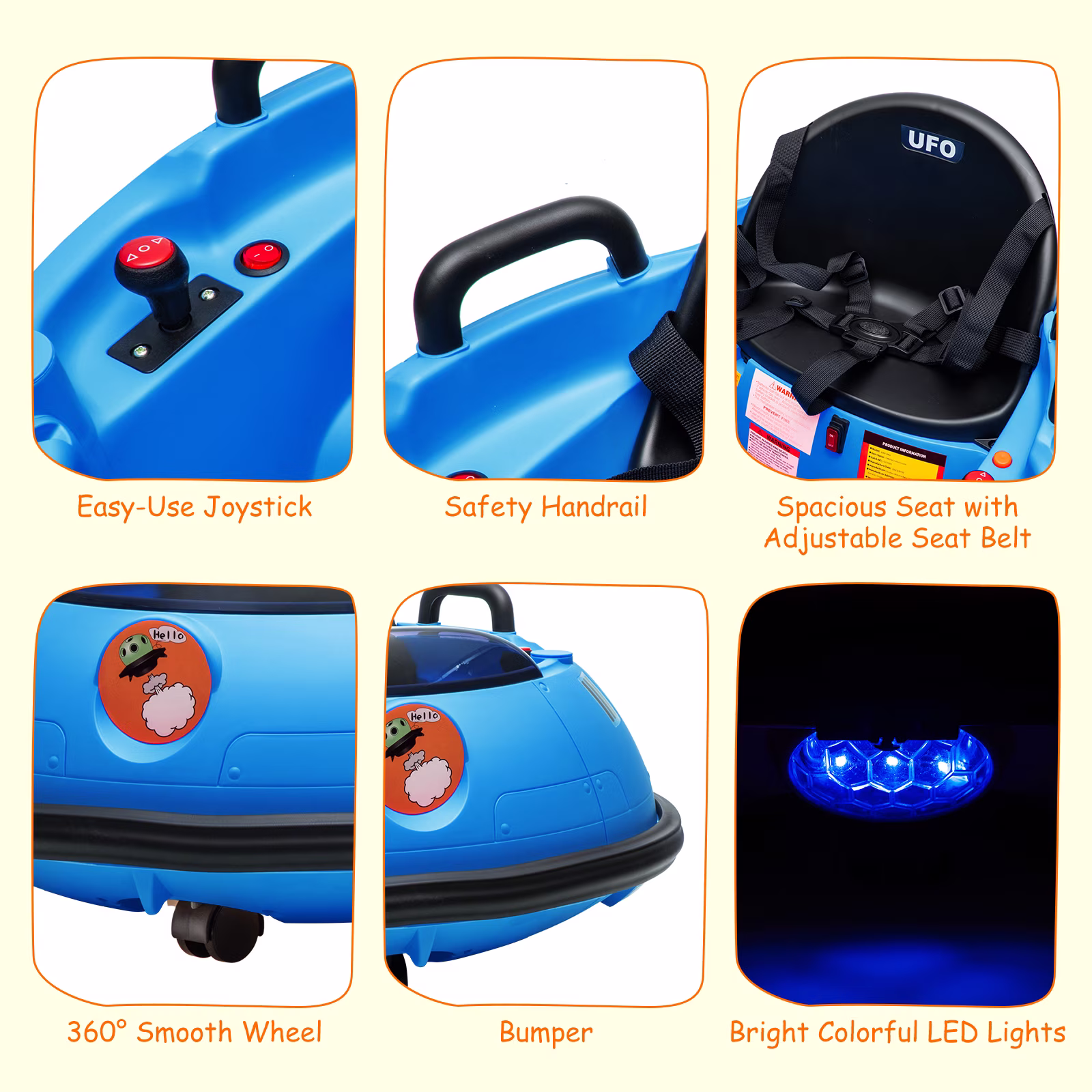 12V Electric Ride On Bumper Car for Toddlers & Kids – 360° Spin, Dual Joysticks, Remote Control, LED Lights, Music, Safety Belt, 3-Speed – Indoor/Outdoor Powered Kids Car – Blue + Black Seat - Image 5