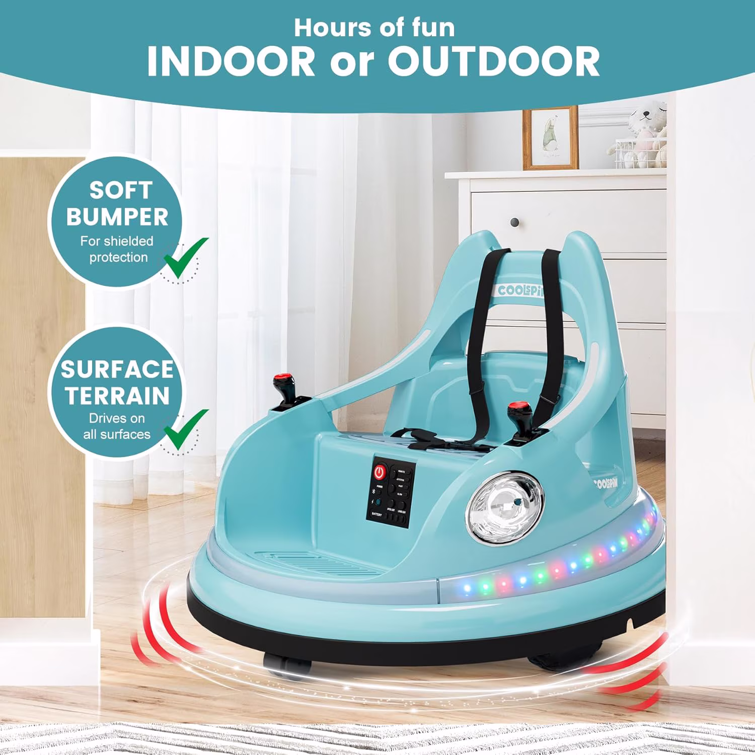 12V Electric Ride-On Bumper Car with Remote Control, 360° Spin, LED Lights, Music, Bluetooth, Dual Control, Soft Bumper - Image 4