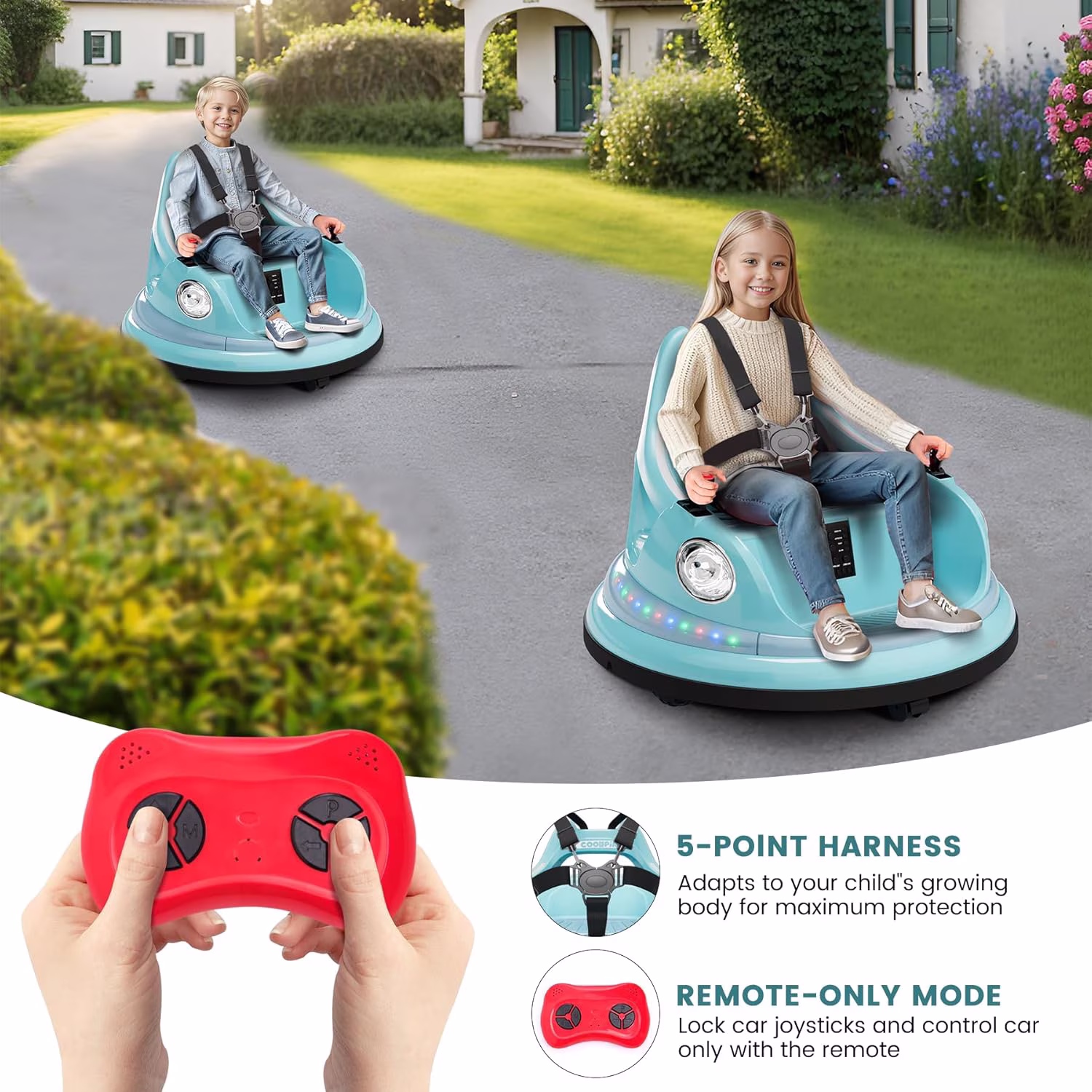 12V Electric Ride-On Bumper Car with Remote Control, 360° Spin, LED Lights, Music, Bluetooth, Dual Control, Soft Bumper - Image 2