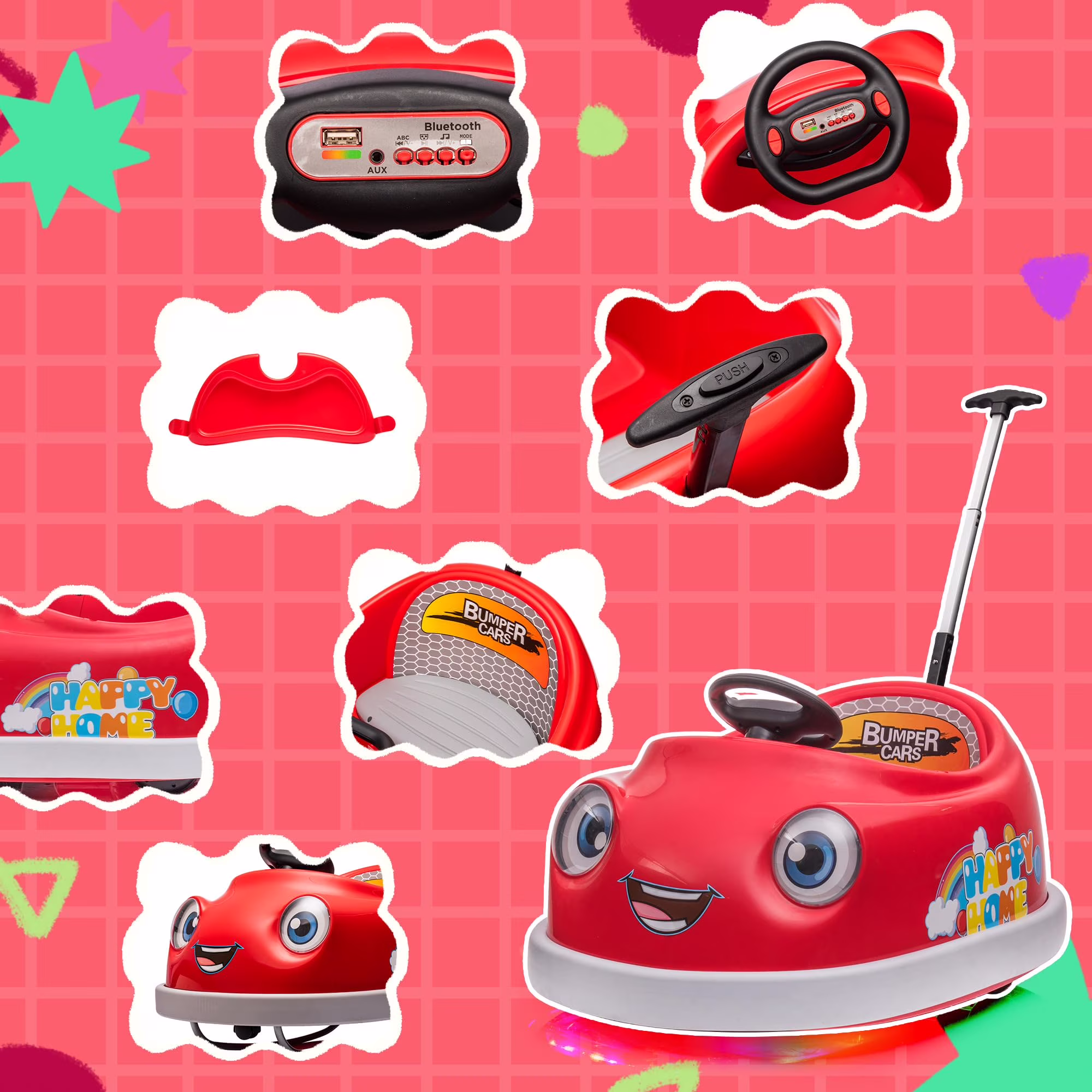 12V Electric Ride on Kids Bumper Car w/Remote Control,360 Degree Spin,Push Rod Rocker Horse Function,3-Speeds Babies & Toddlers Bumping Car Ride on Toy Gift for 1-4 Years Children- Red - Image 3