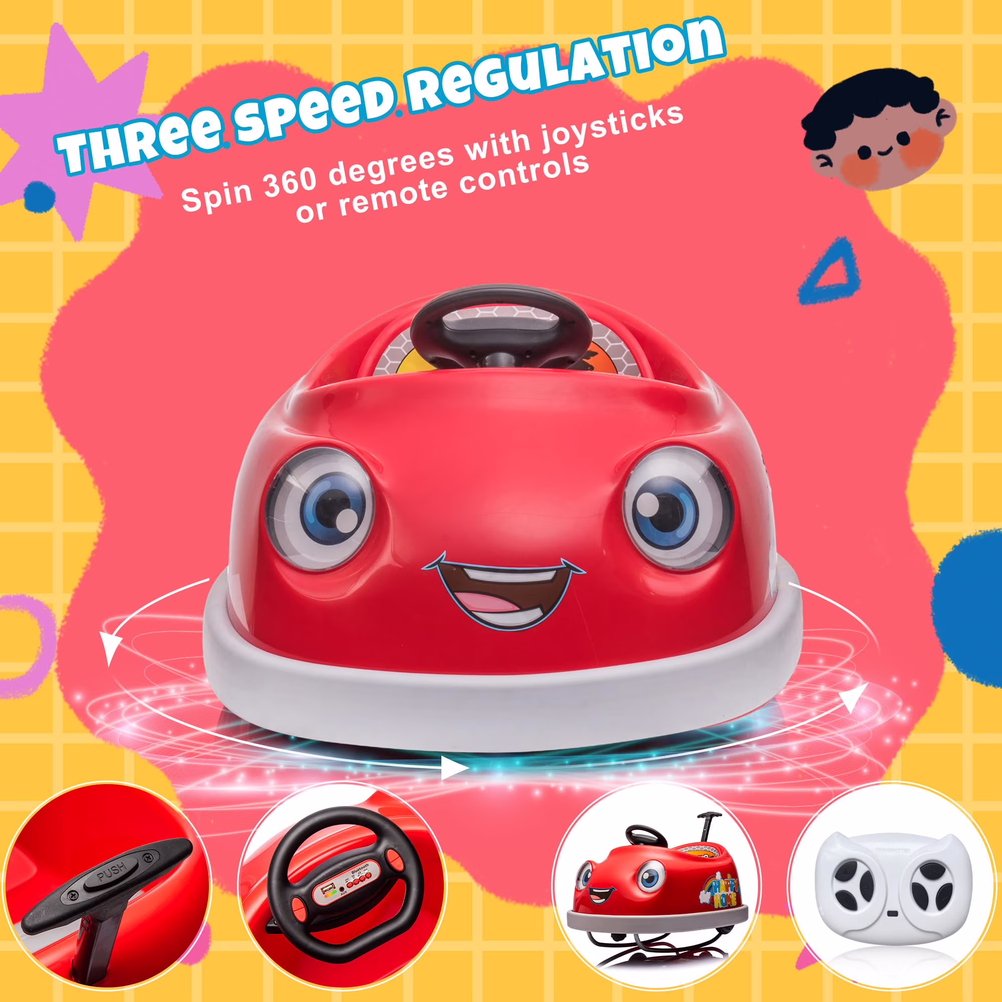 12V Electric Ride on Kids Bumper Car w/Remote Control,360 Degree Spin,Push Rod Rocker Horse Function,3-Speeds Babies & Toddlers Bumping Car Ride on Toy Gift for 1-4 Years Children- Red - Image 2