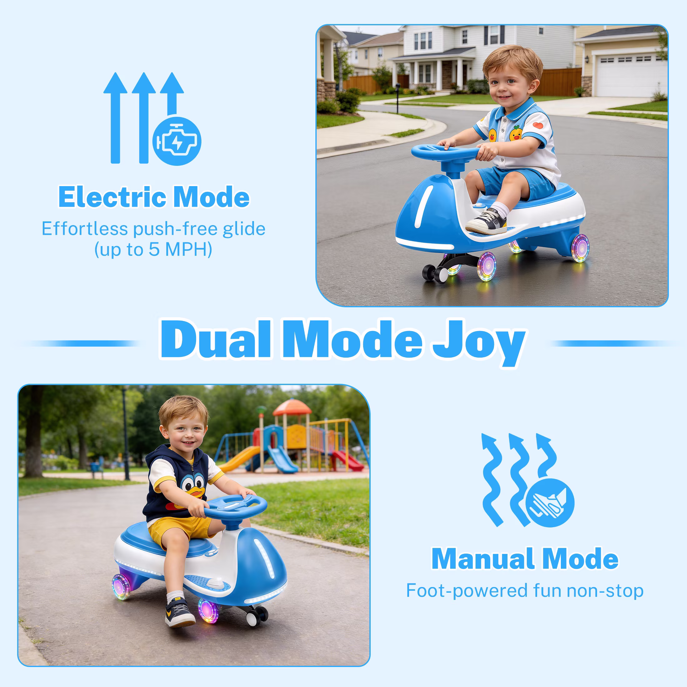 12V Electric Wiggle Car for Kids, Toddlers Ride on Toys with Pedal, Display, Flashing PU Wheels, LED Light, Bluetooth Music, Max Speed 5 MPH, Kids Ride on Cars for Boys Girls 3+, Blue - Image 2