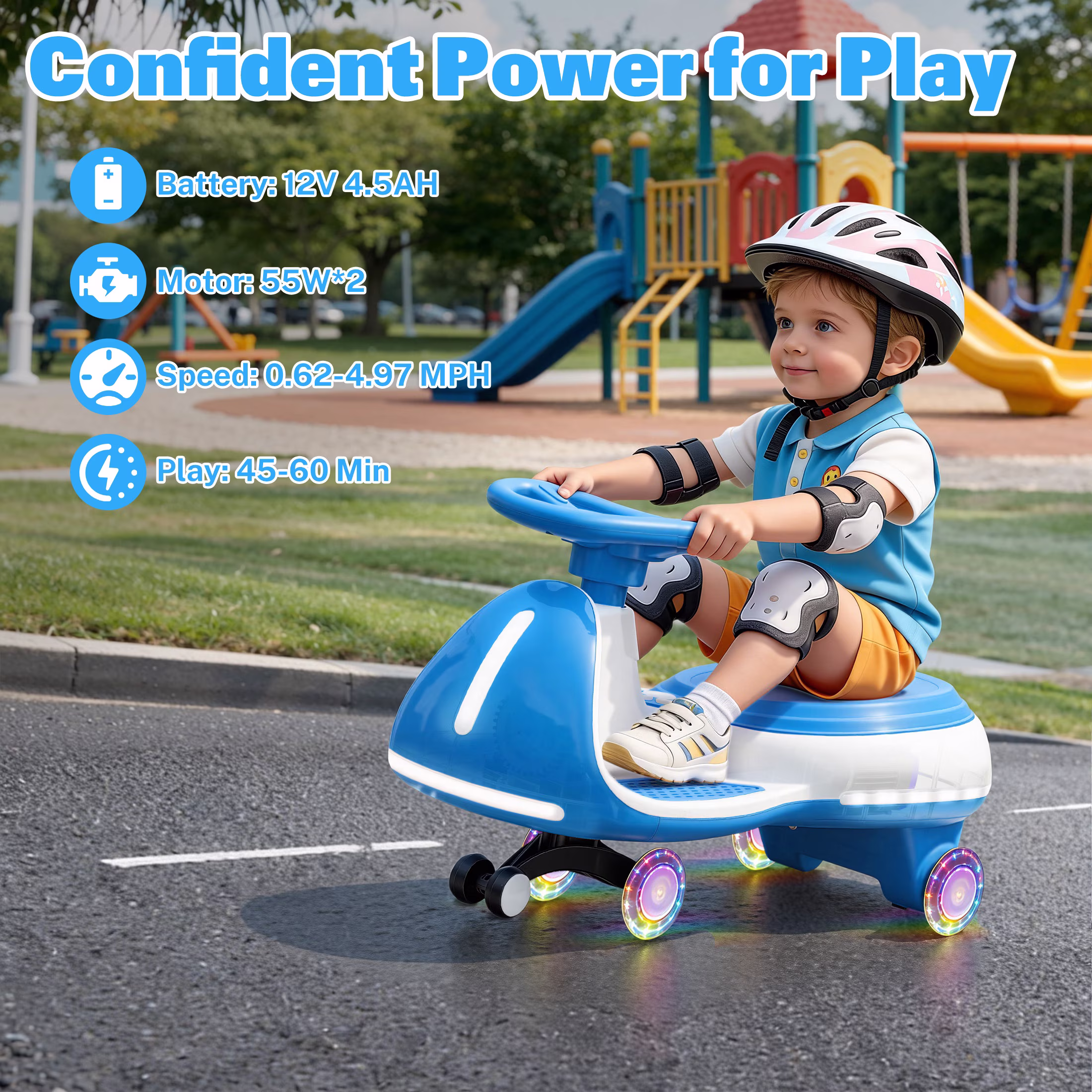 12V Electric Wiggle Car for Kids, Toddlers Ride on Toys with Pedal, Display, Flashing PU Wheels, LED Light, Bluetooth Music, Max Speed 5 MPH, Kids Ride on Cars for Boys Girls 3+, Blue - Image 4