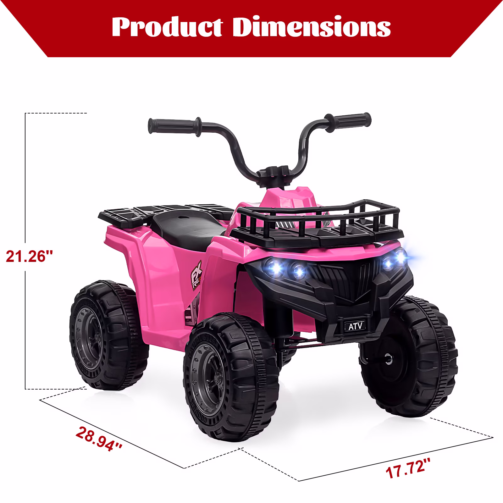 12V Kids Electric ATV Ride-On, Ride-On Toy with 2 Speed Settings, 4-Wheel Design with LED Lights, Horn & Built-In Music, Ages 3-8, Pink - Image 5