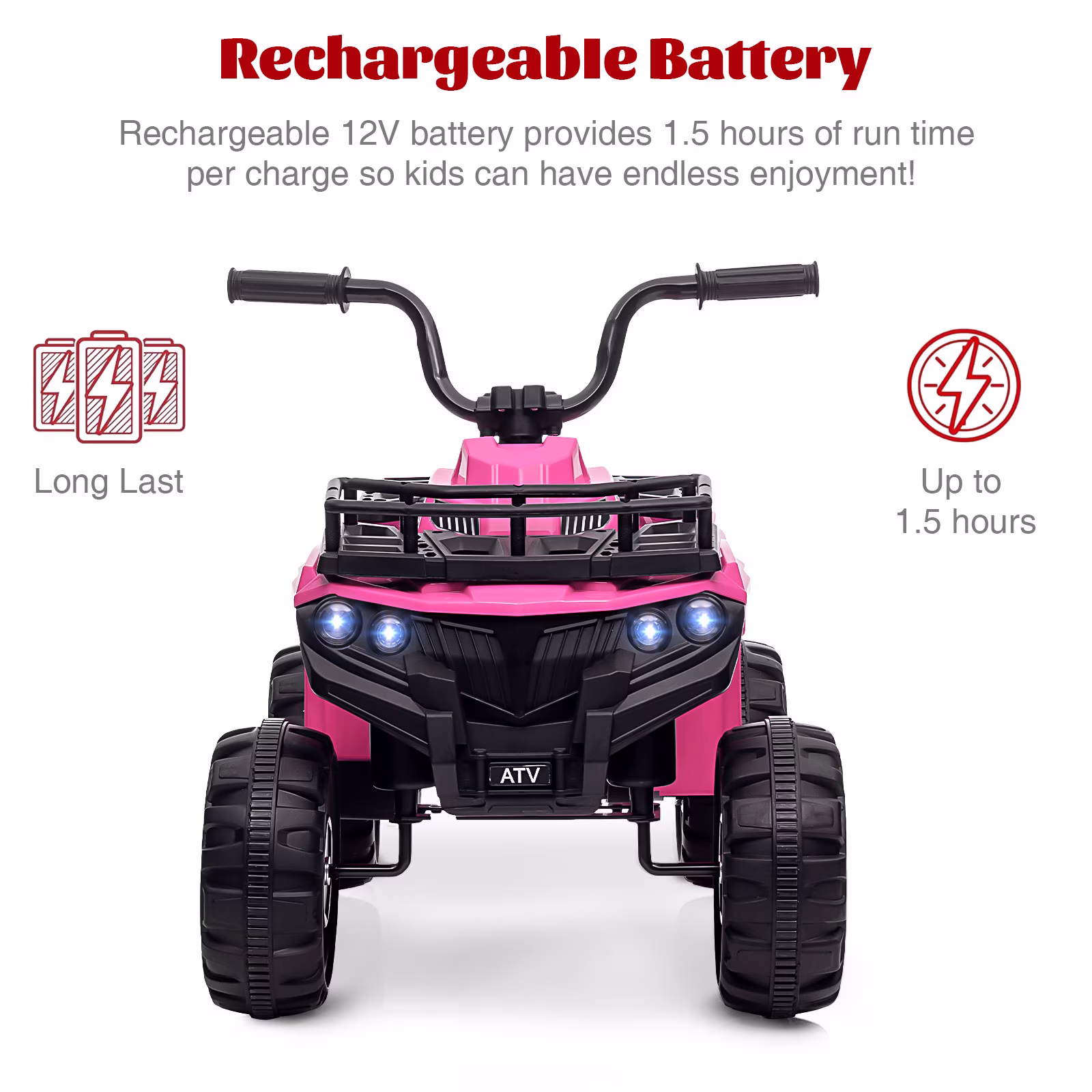 12V Kids Electric ATV Ride-On, Ride-On Toy with 2 Speed Settings, 4-Wheel Design with LED Lights, Horn & Built-In Music, Ages 3-8, Pink - Image 2