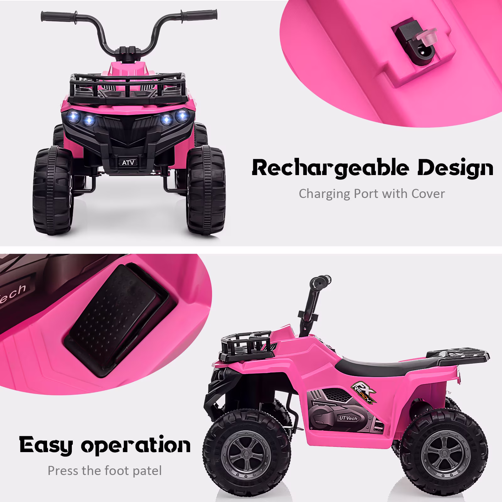 12V Kids Electric ATV Ride-On, Ride-On Toy with 2 Speed Settings, 4-Wheel Design with LED Lights, Horn & Built-In Music, Ages 3-8, Pink - Image 3