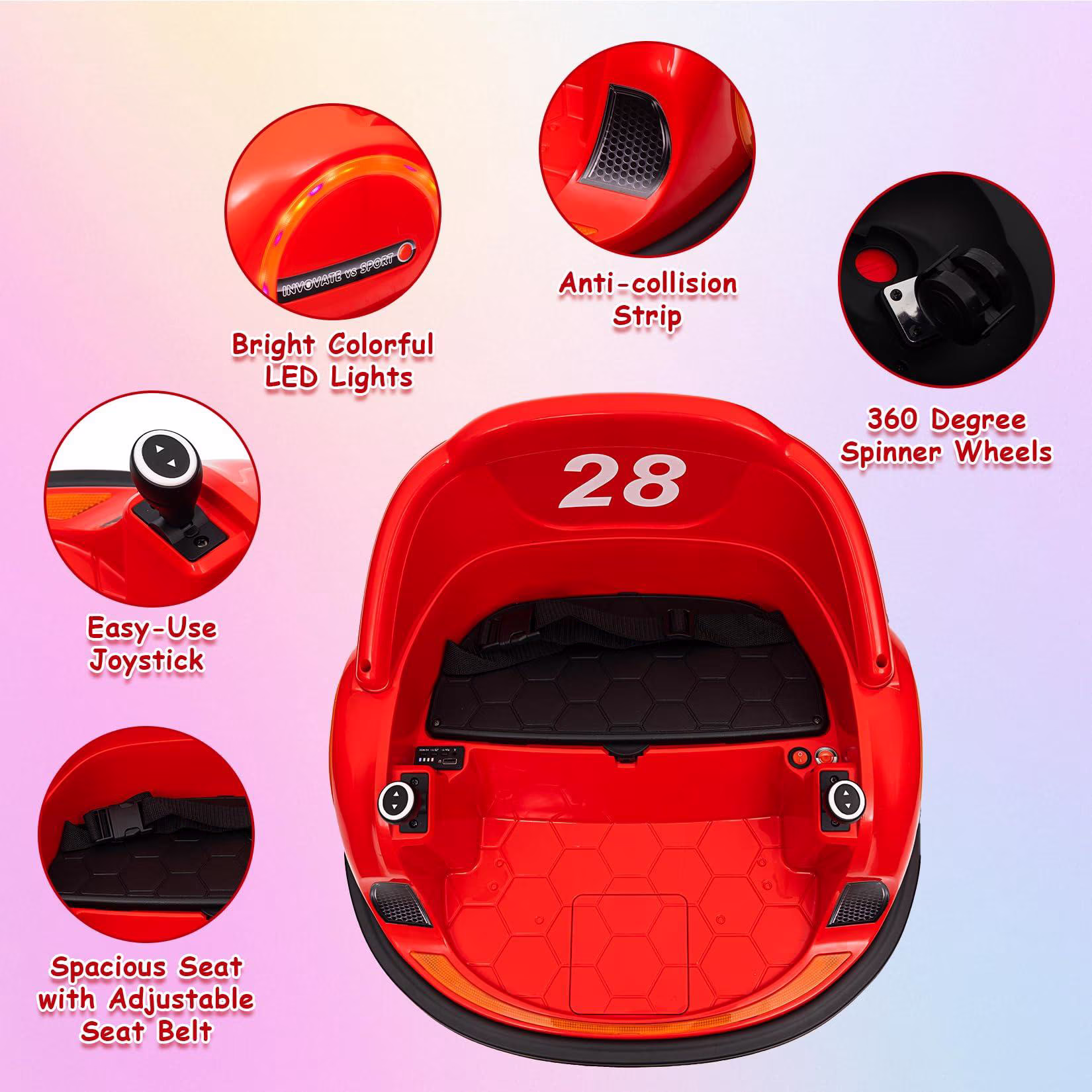12V Kids Electric Ride-On Bumper Car with Remote Control, 3 Speeds, 360° Spin, LED Lights, MP3/USB & Battery Display – Red - Image 3