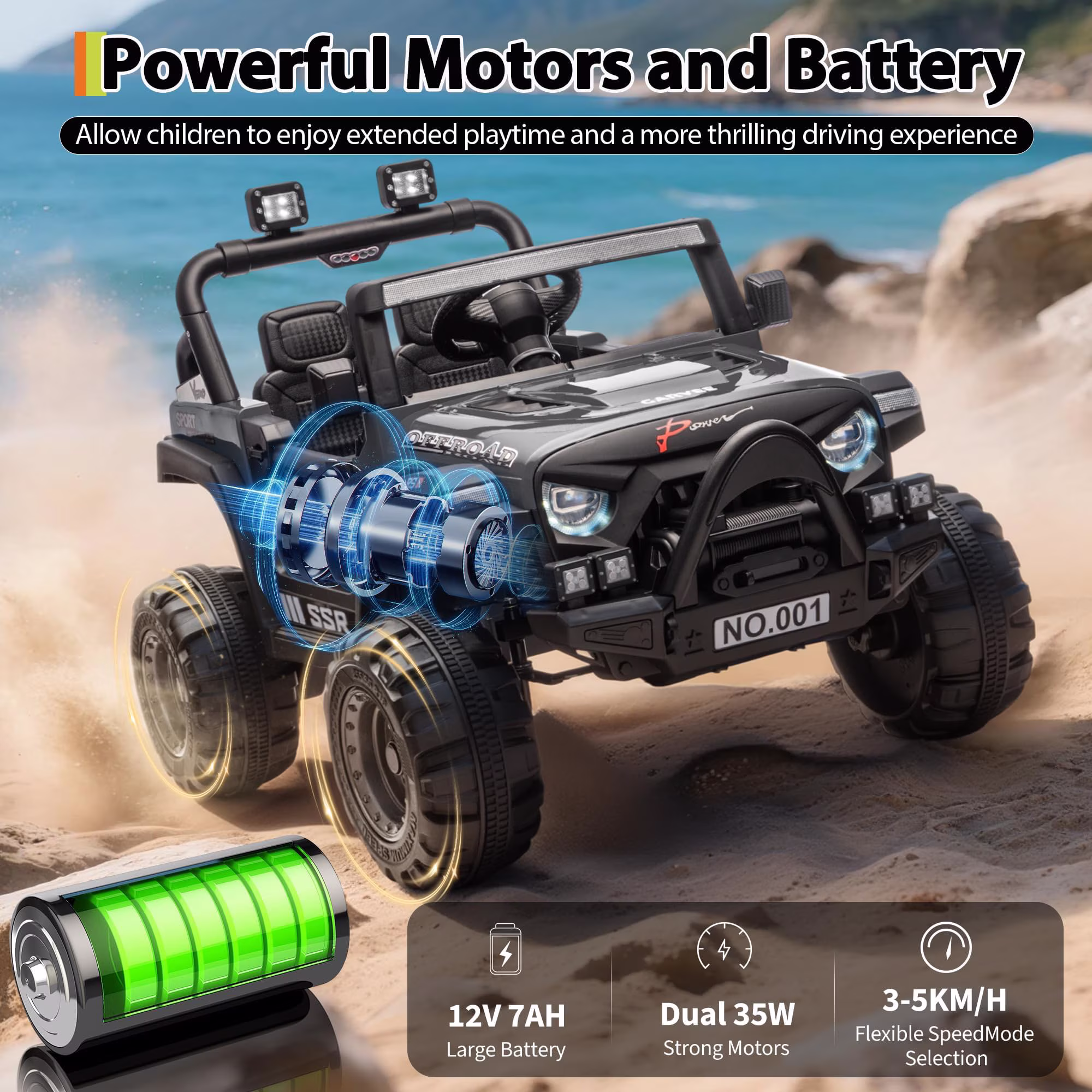 12V Kids Electric Ride-On Car with Remote Control, Spring Suspension, LED Lights, Music, for Ages 3 - Image 4