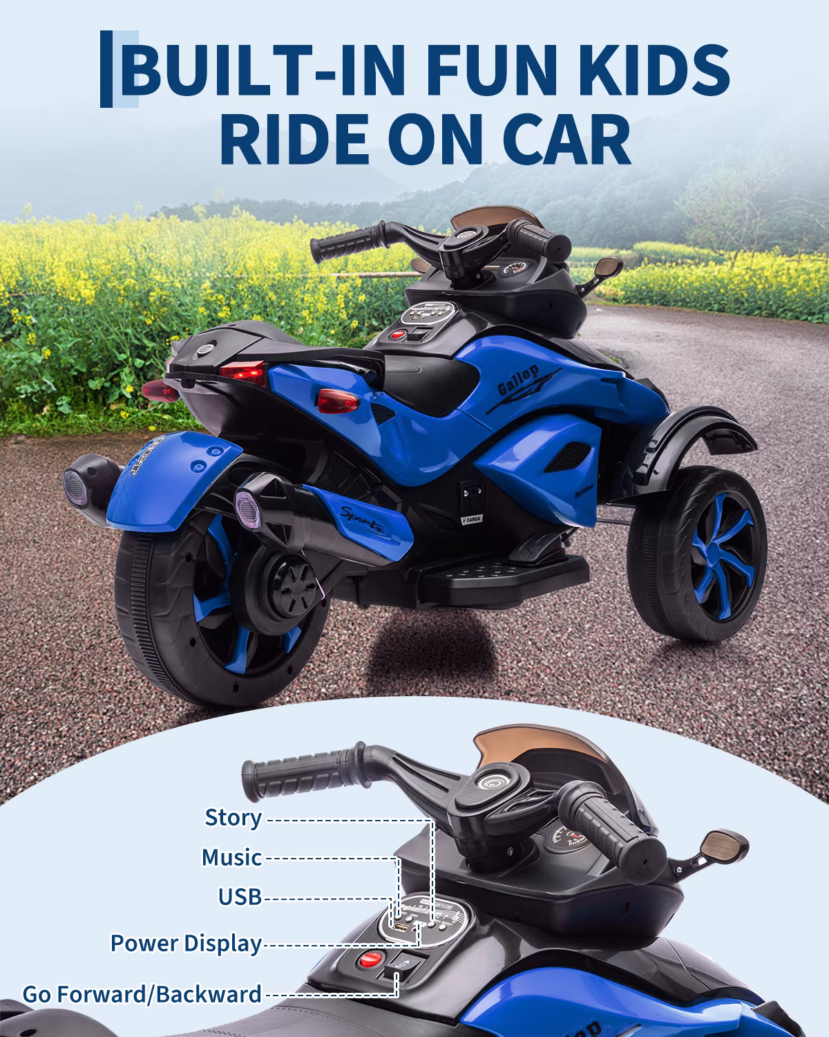 12V Kids Ride-On ATV 3-Wheel Electric Motorcycle - Battery Powered Ride-On Toy with LED Lights & Music - Treaded Tires for Outdoor Off-Road Fun - Ages 3-8 - Blue - Image 5
