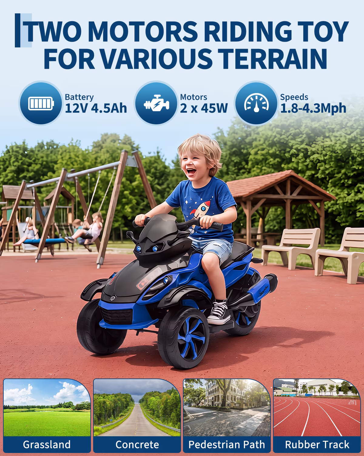 12V Kids Ride-On ATV 3-Wheel Electric Motorcycle - Battery Powered Ride-On Toy with LED Lights & Music - Treaded Tires for Outdoor Off-Road Fun - Ages 3-8 - Blue - Image 2
