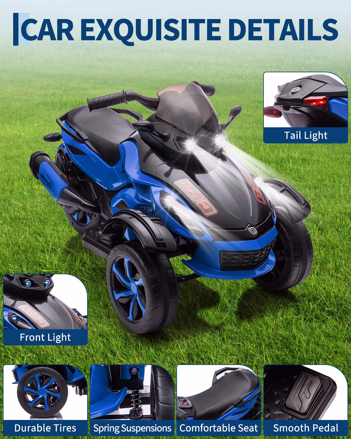 12V Kids Ride-On ATV 3-Wheel Electric Motorcycle - Battery Powered Ride-On Toy with LED Lights & Music - Treaded Tires for Outdoor Off-Road Fun - Ages 3-8 - Blue - Image 3