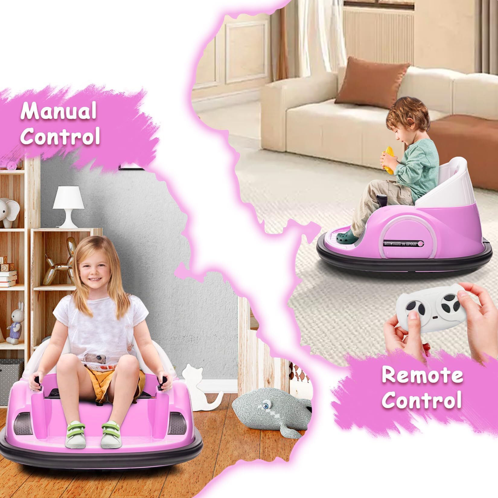 12V Kids Ride On Bumper Car with Remote Control, 360 Degree Spin, LED Lights, Music, USB Port, Battery Powered Electric Toy for Toddlers Ages 1.5-5, Pink - Image 2