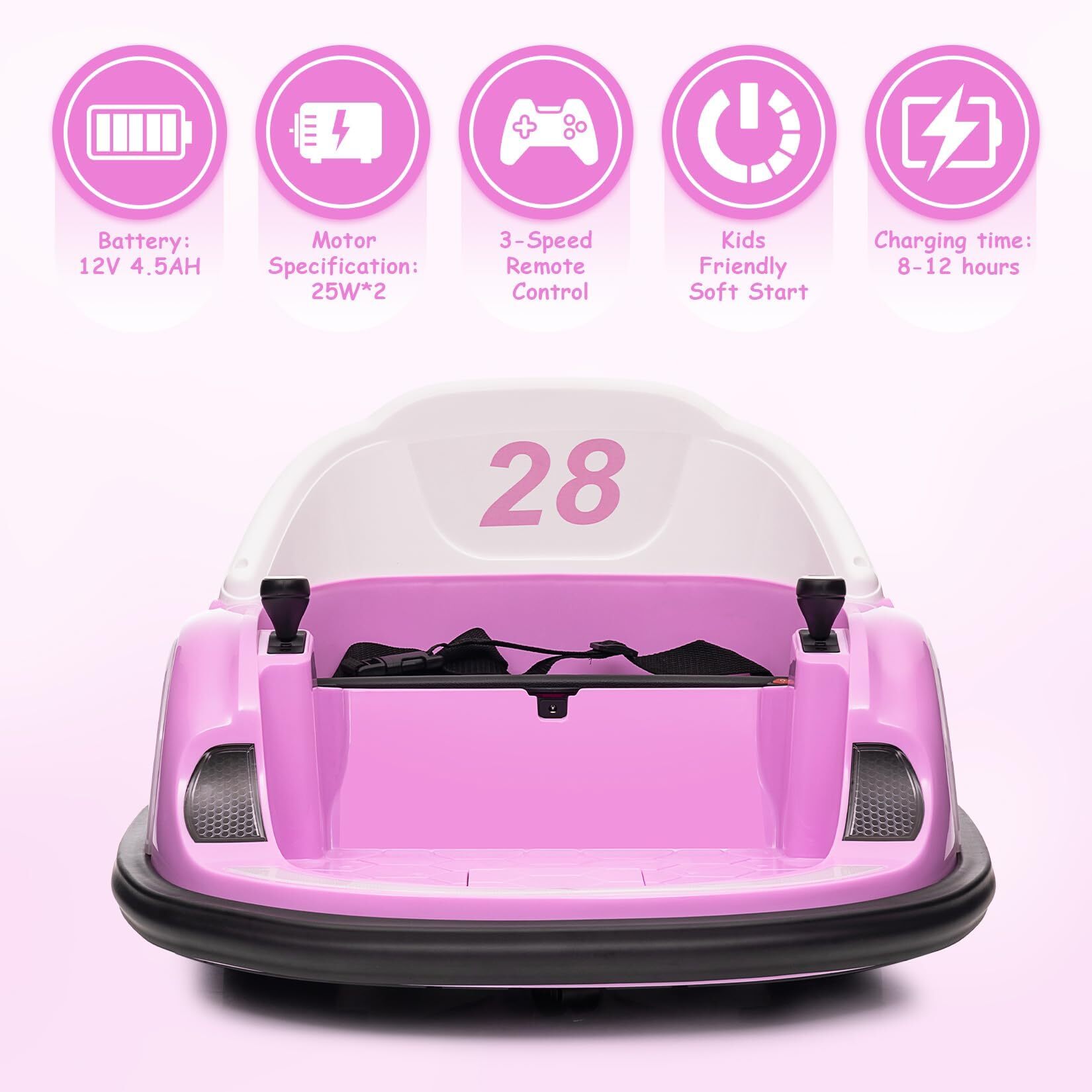 12V Kids Ride On Bumper Car with Remote Control, 360 Degree Spin, LED Lights, Music, USB Port, Battery Powered Electric Toy for Toddlers Ages 1.5-5, Pink - Image 5