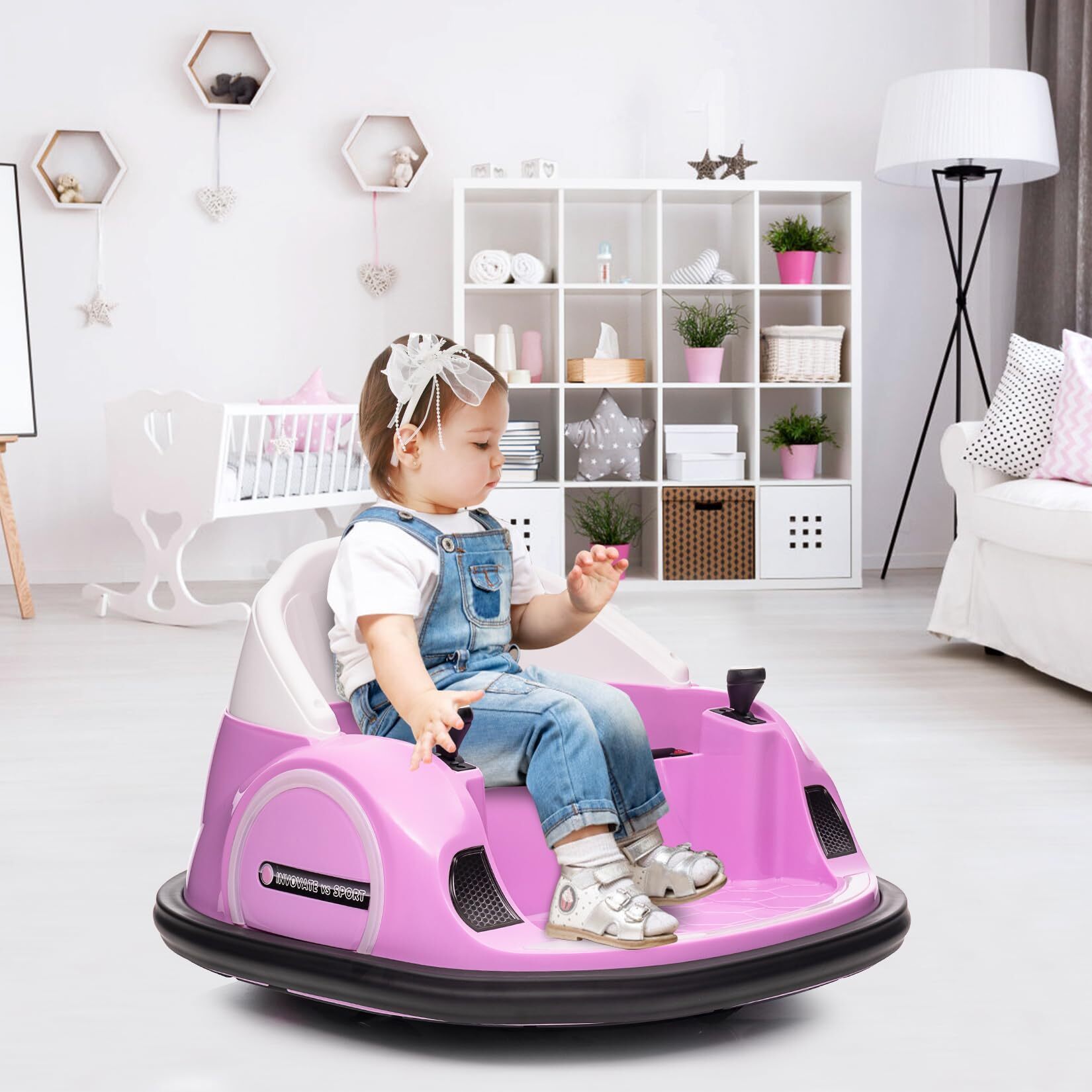 12V Kids Ride On Bumper Car with Remote Control, 360 Degree Spin, LED Lights, Music, USB Port, Battery Powered Electric Toy for Toddlers Ages 1.5-5, Pink - Image 3