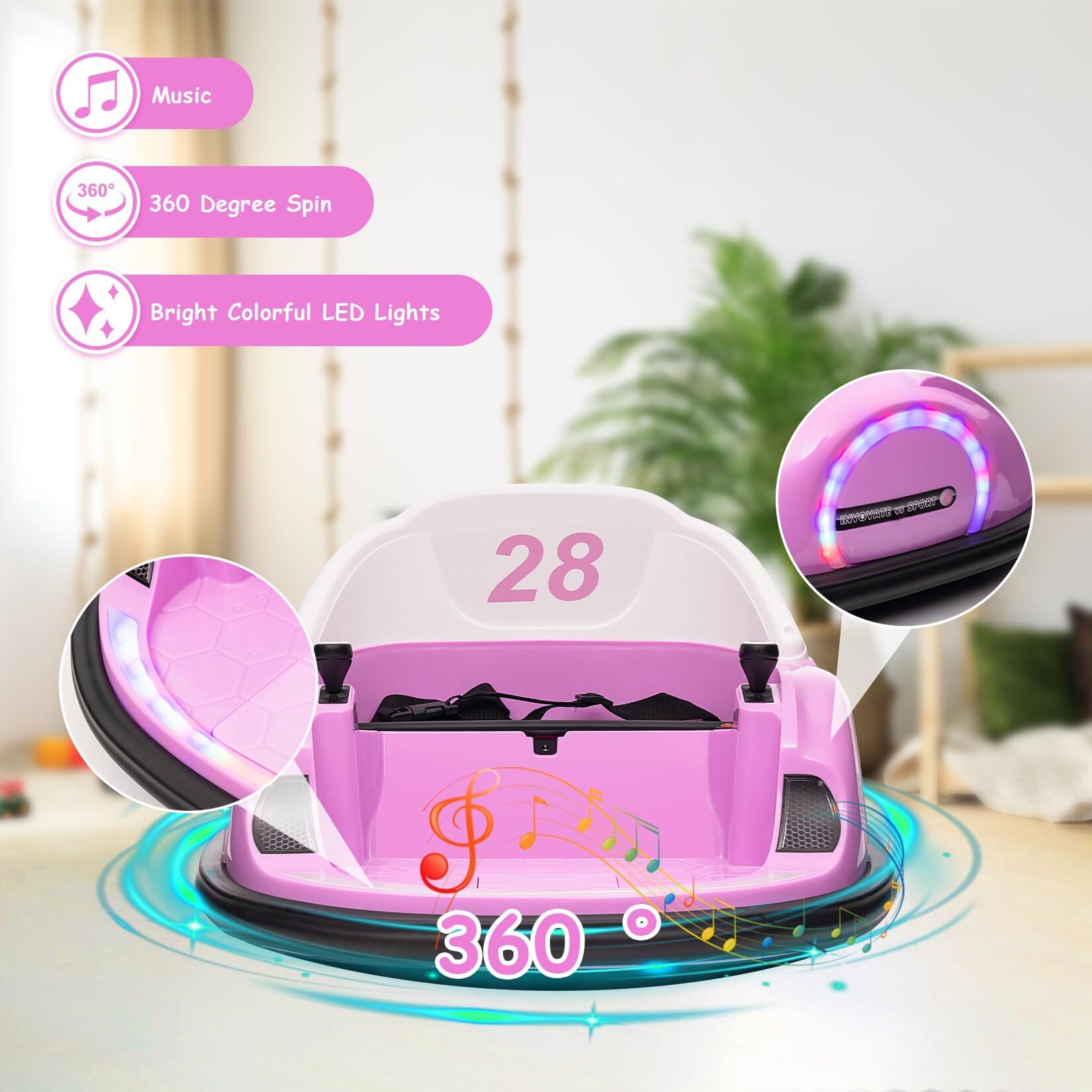 12V Kids Ride On Bumper Car with Remote Control, 360 Degree Spin, LED Lights, Music, USB Port, Battery Powered Electric Toy for Toddlers Ages 1.5-5, Pink - Image 4