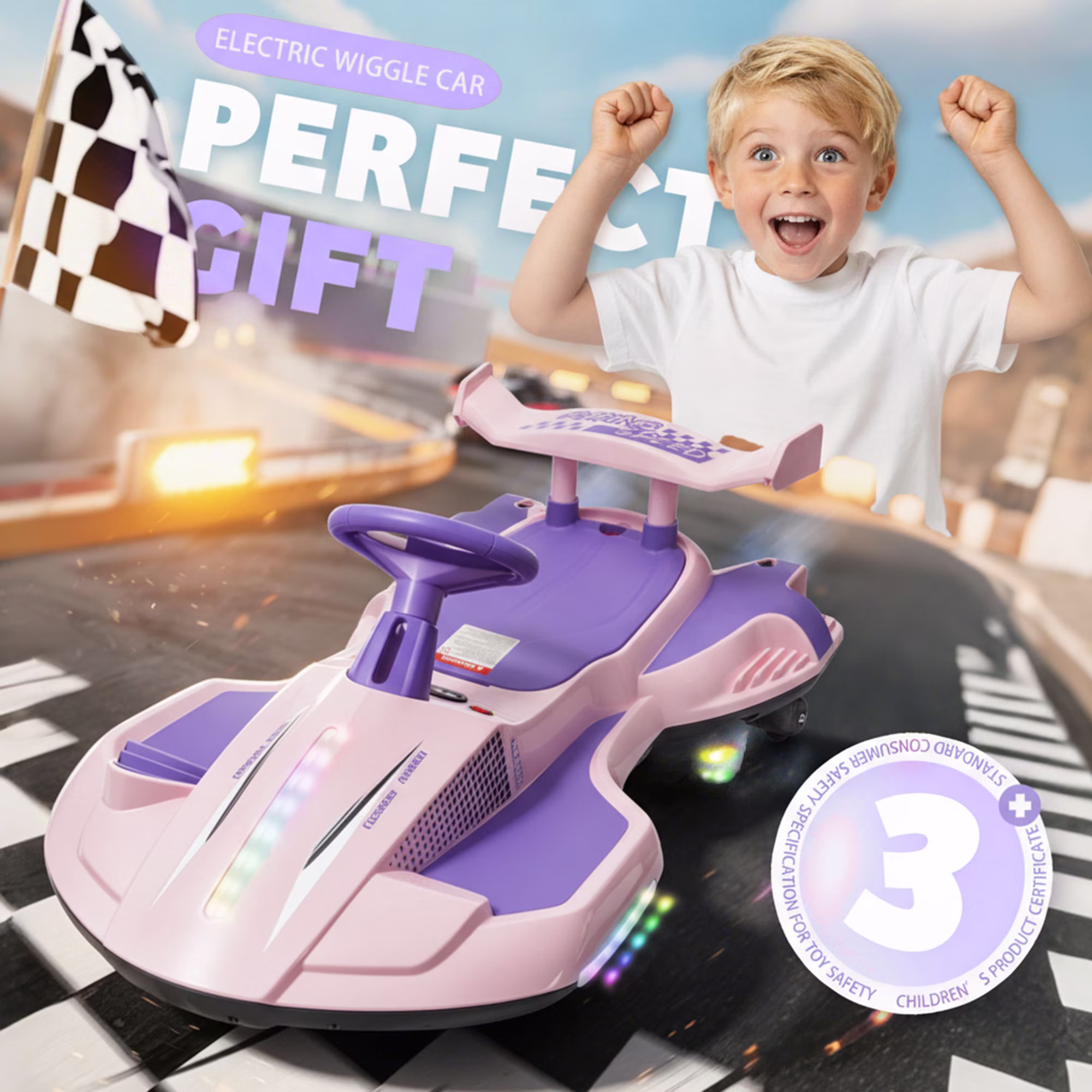 12V Kids Ride On Electric Wiggle Car, 360° Drift Ride On Toy with Rear Mist Spray, LED Lights, Flashing Wheels, Bluetooth Music, USB, MP3, Power Display, Anti-Tip Chassis, 3.73-4.35 MPH, Ages 3+ - Image 2